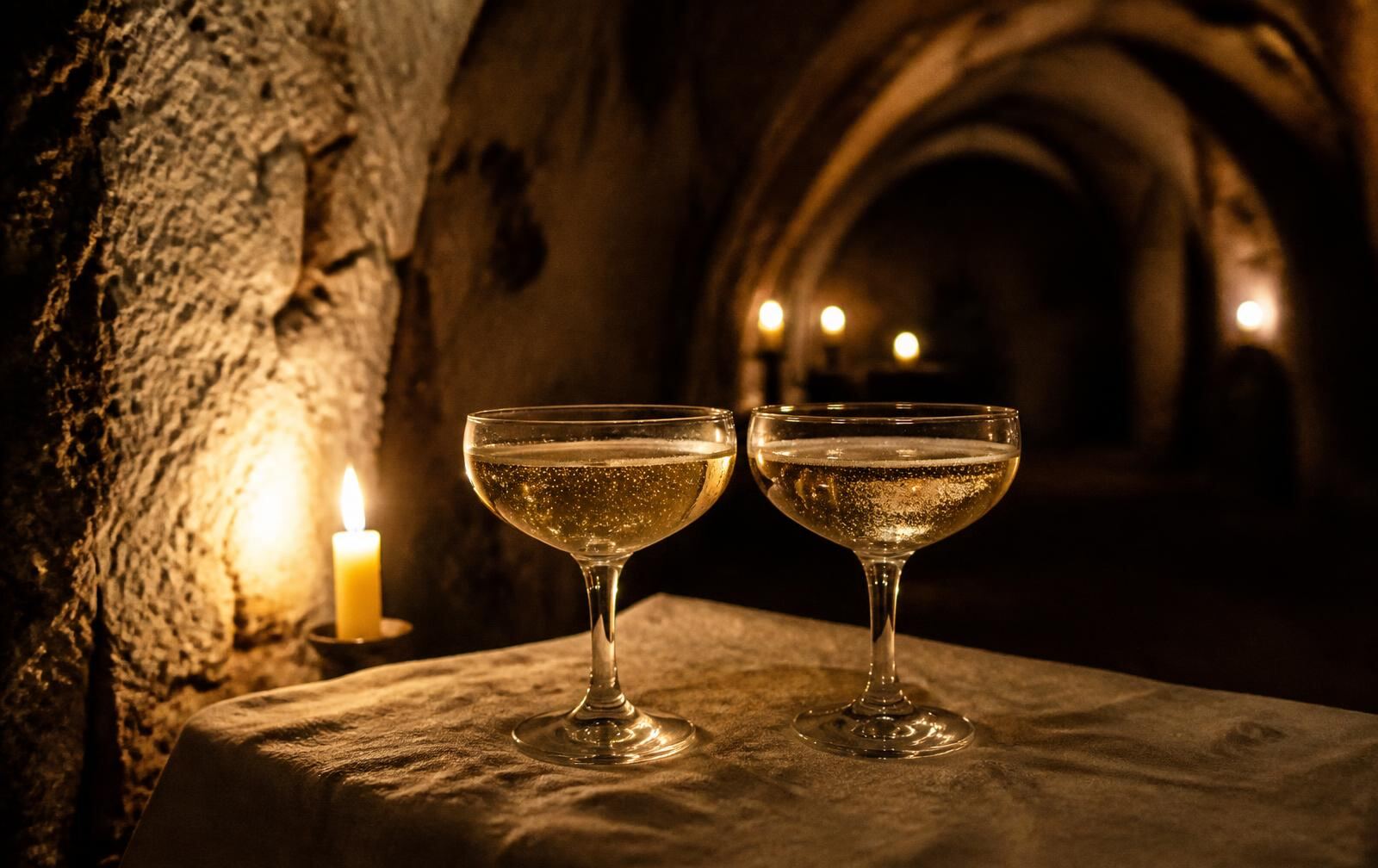 Two coupe glasses of sparkling wine on linen in a candlelit chalk cellar in Champagne