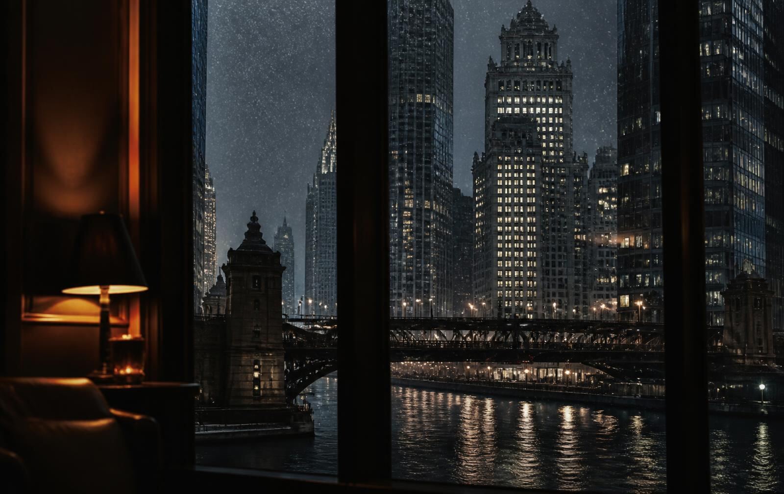 Warmly lit Chicago high-rise apartment window at night overlooking the dark lakefront skyline