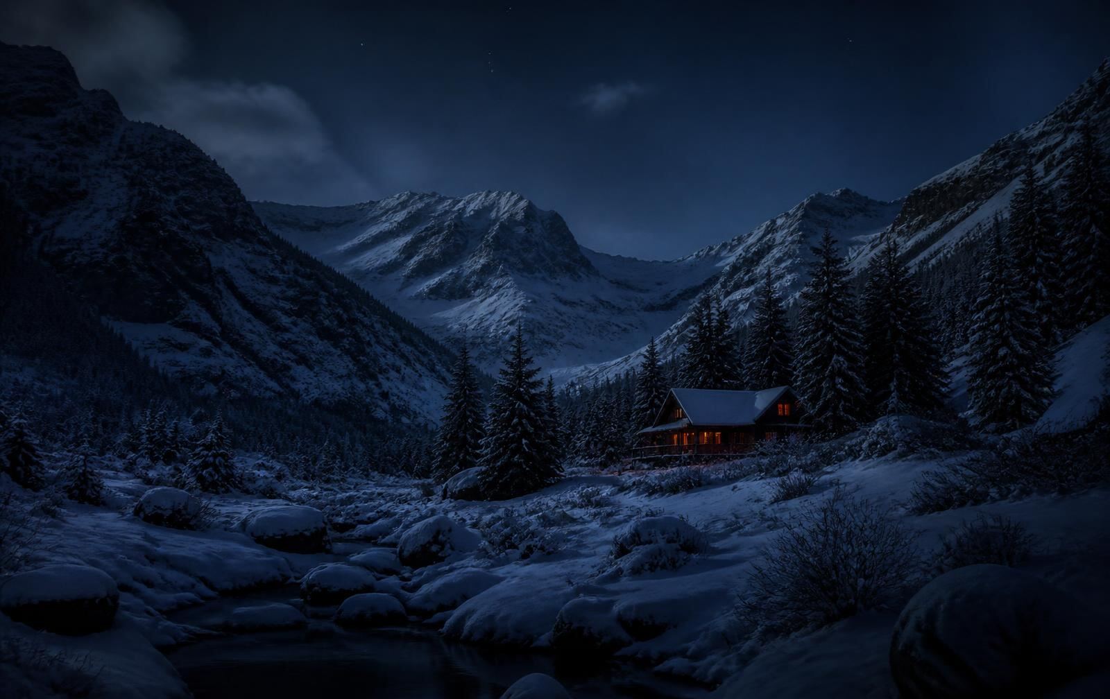 Snow-covered Colorado peaks glowing at dusk above a warmly lit alpine town