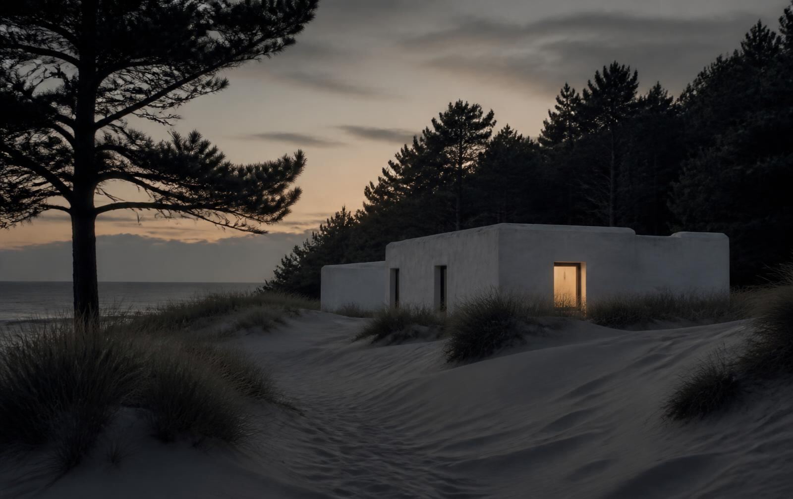 Pale dunes and pine at dusk with a low whitewashed building showing one warm lit doorway