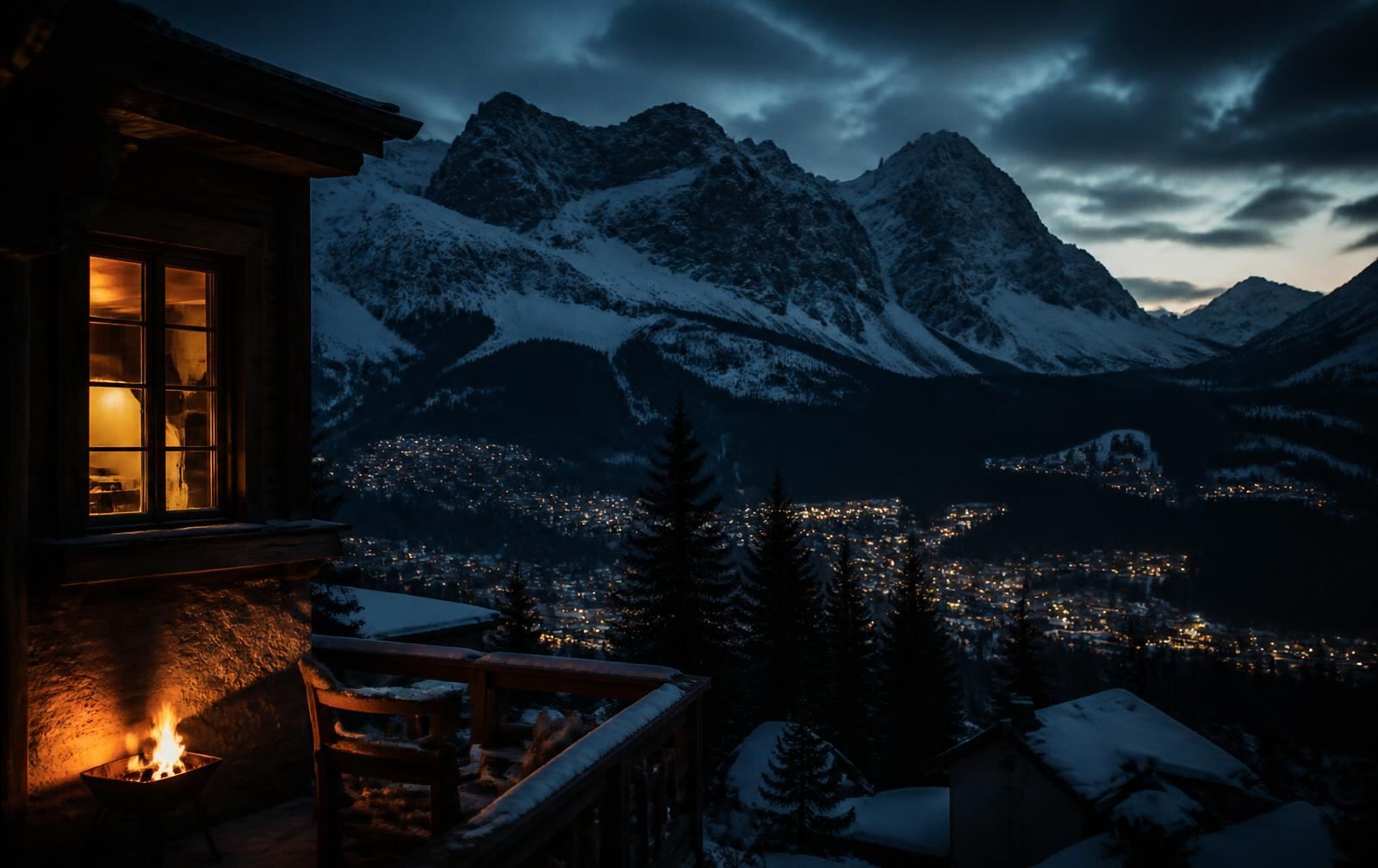 A lit chalet window and fireside terrace above the snow-covered valley of Cortina d’Ampezzo at dusk