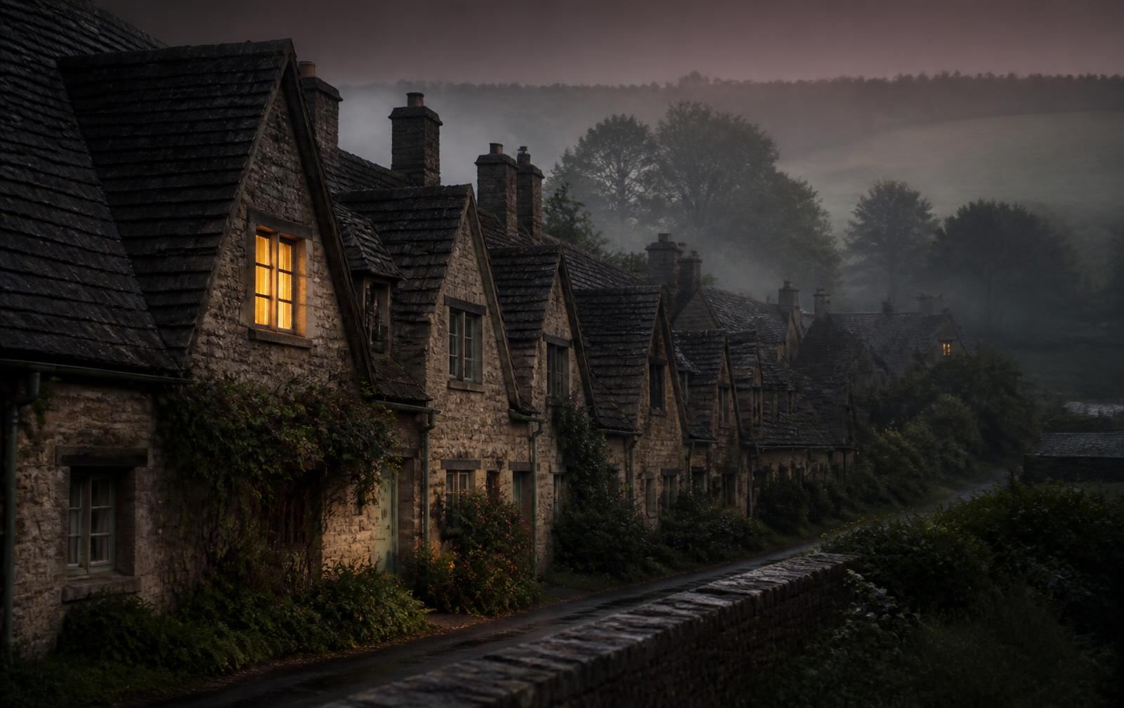 Cotswolds limestone cottages at dusk in mist with one warm lit window and fields beyond