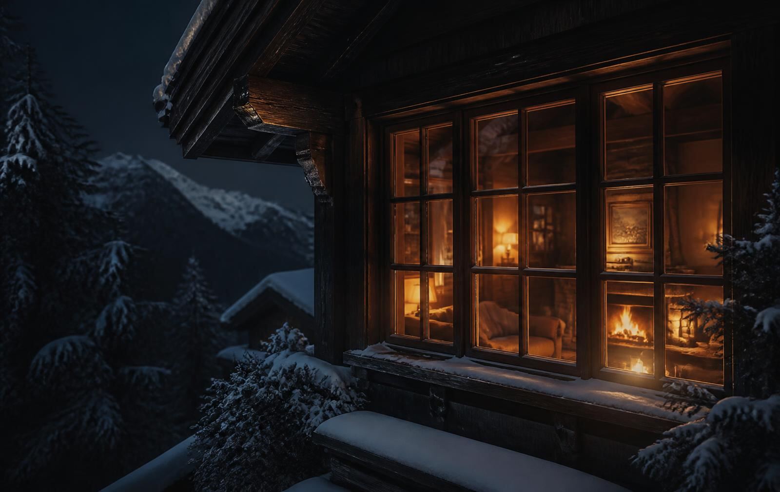 A snow-covered alpine chalet window at night with firelight inside and dark pines beyond