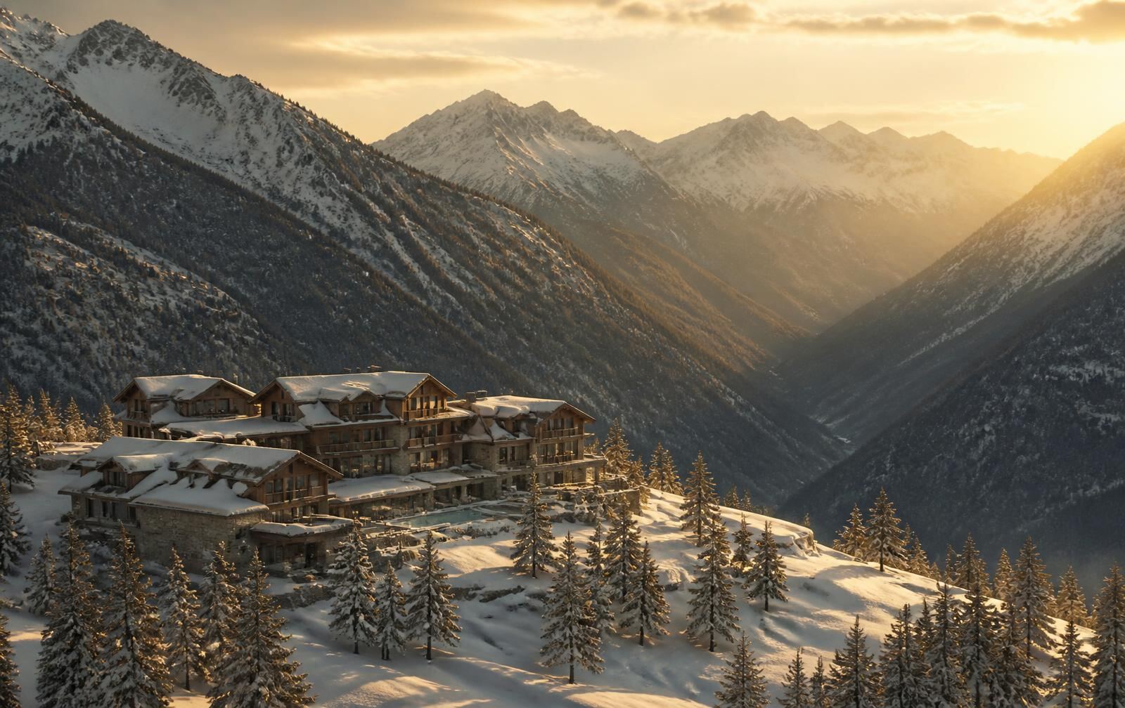 A sunlit alpine plateau resort above a deep valley with warm gold light across snow and pines