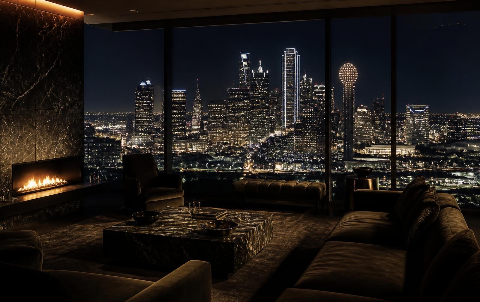 A sleek, low-lit Dallas high-rise living space at night with the Uptown skyline glowing through glass