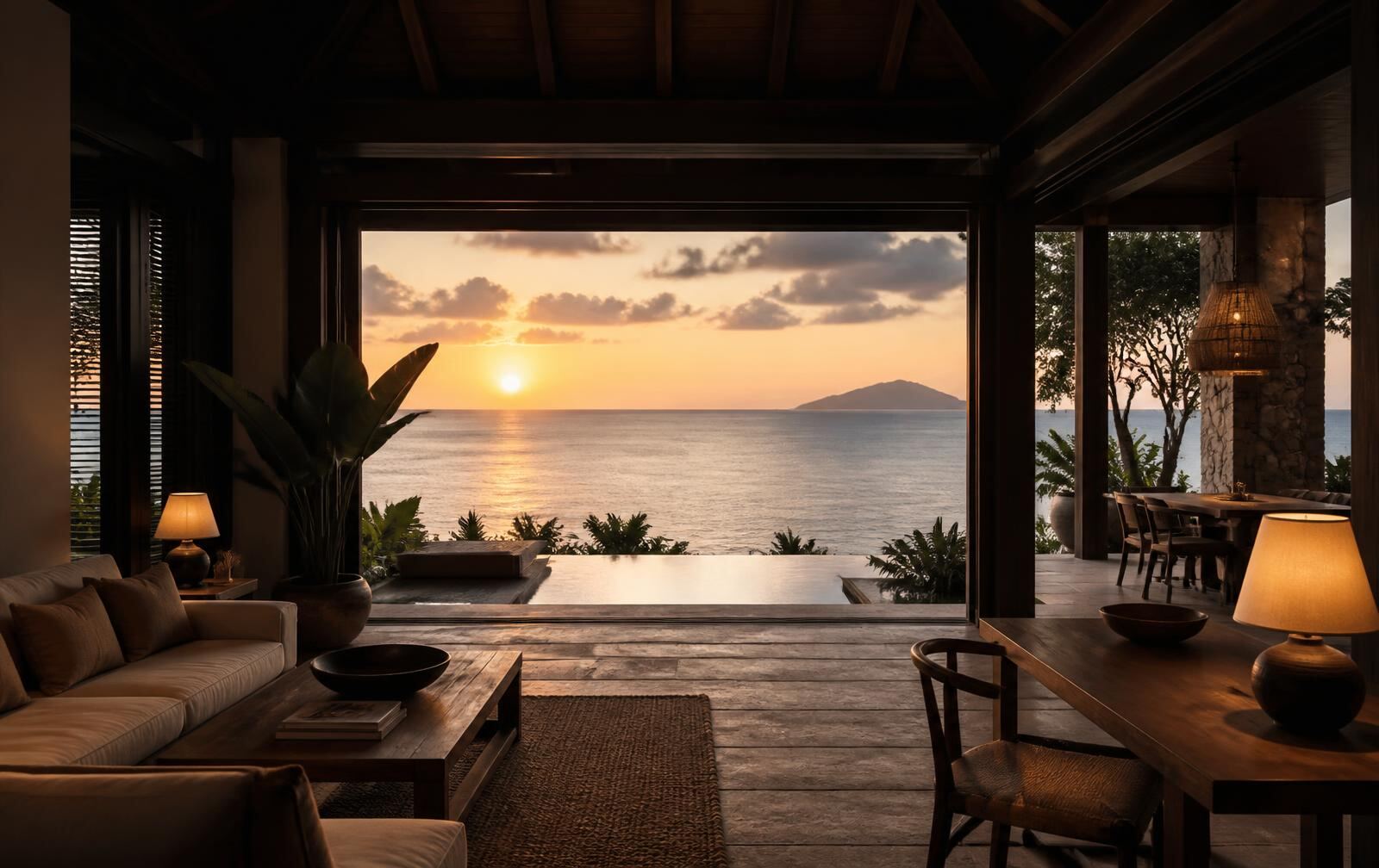 A modern dark-timber island interior open to a warm southern sunset over the ocean