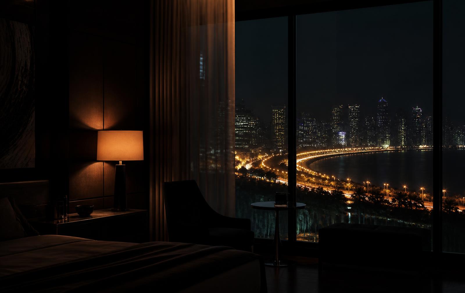 A darkened hotel room with warm lamplight and dark wood, looking through glass at a curving lit corniche and distant towers at night