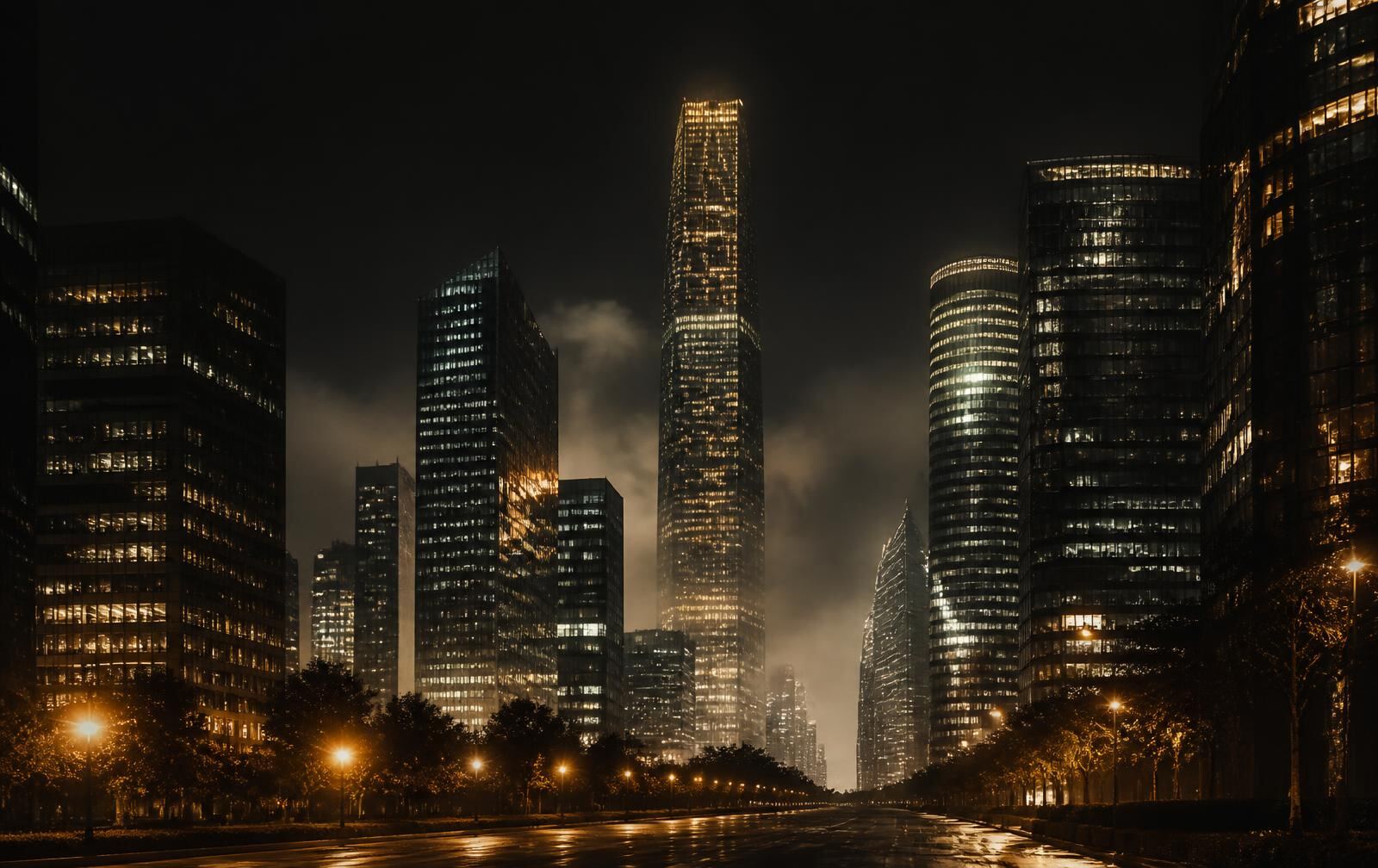 A contemporary Gulf skyline of tall glass towers at night with warm gold lights above a dark boulevard