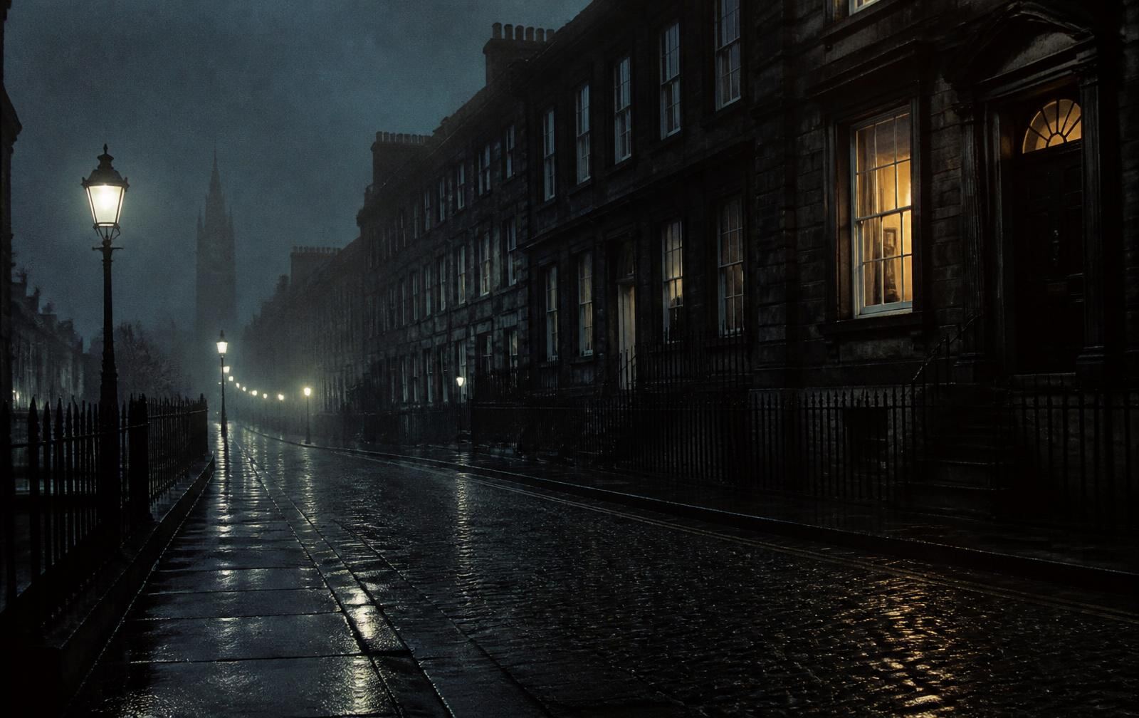 Georgian Edinburgh terrace at night in mist with one warm lit window and wet setts below