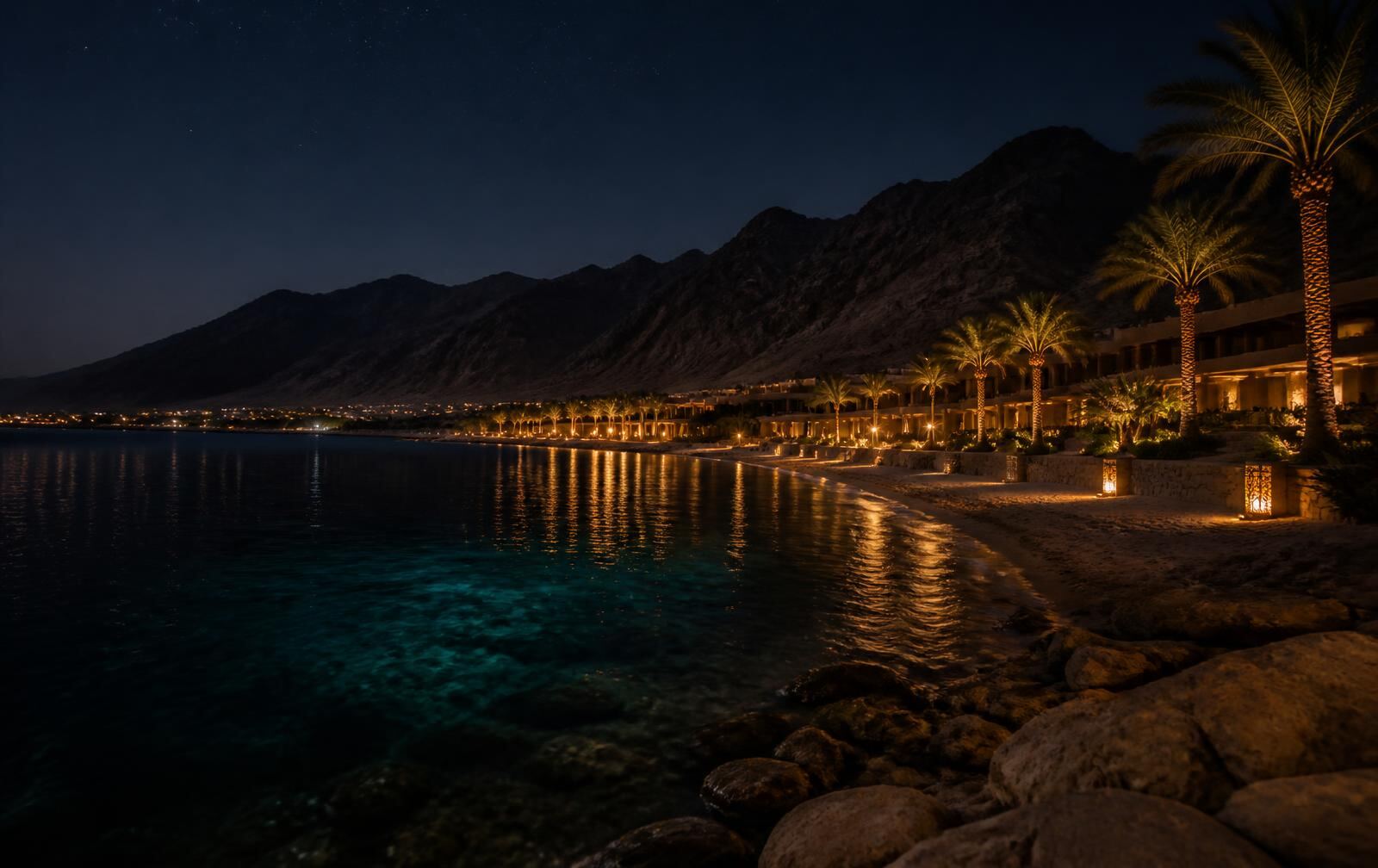 Red Sea bay at night with dark arid mountains behind a lit resort shoreline and still water