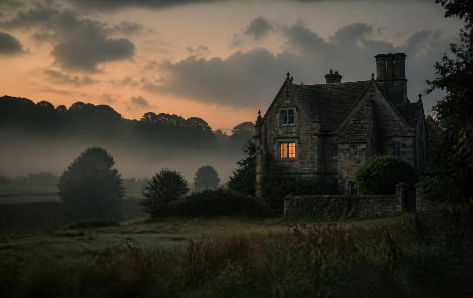 English countryside manor house at dusk in mist with a single warm lit window