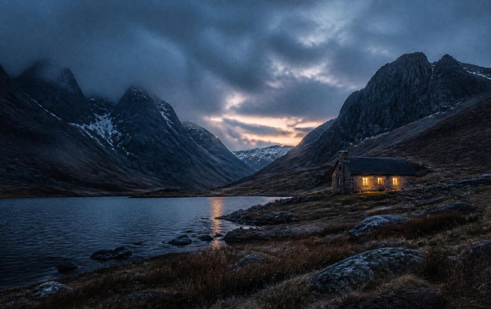 Eryri mountain valley at dusk with dark peaks, a lake and one stone lodge lit warmly