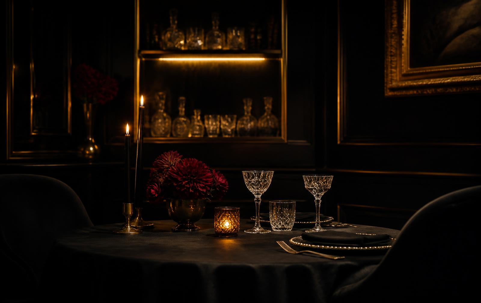 A candlelit table for two set with crystal glasses in a dark, opulent dining room