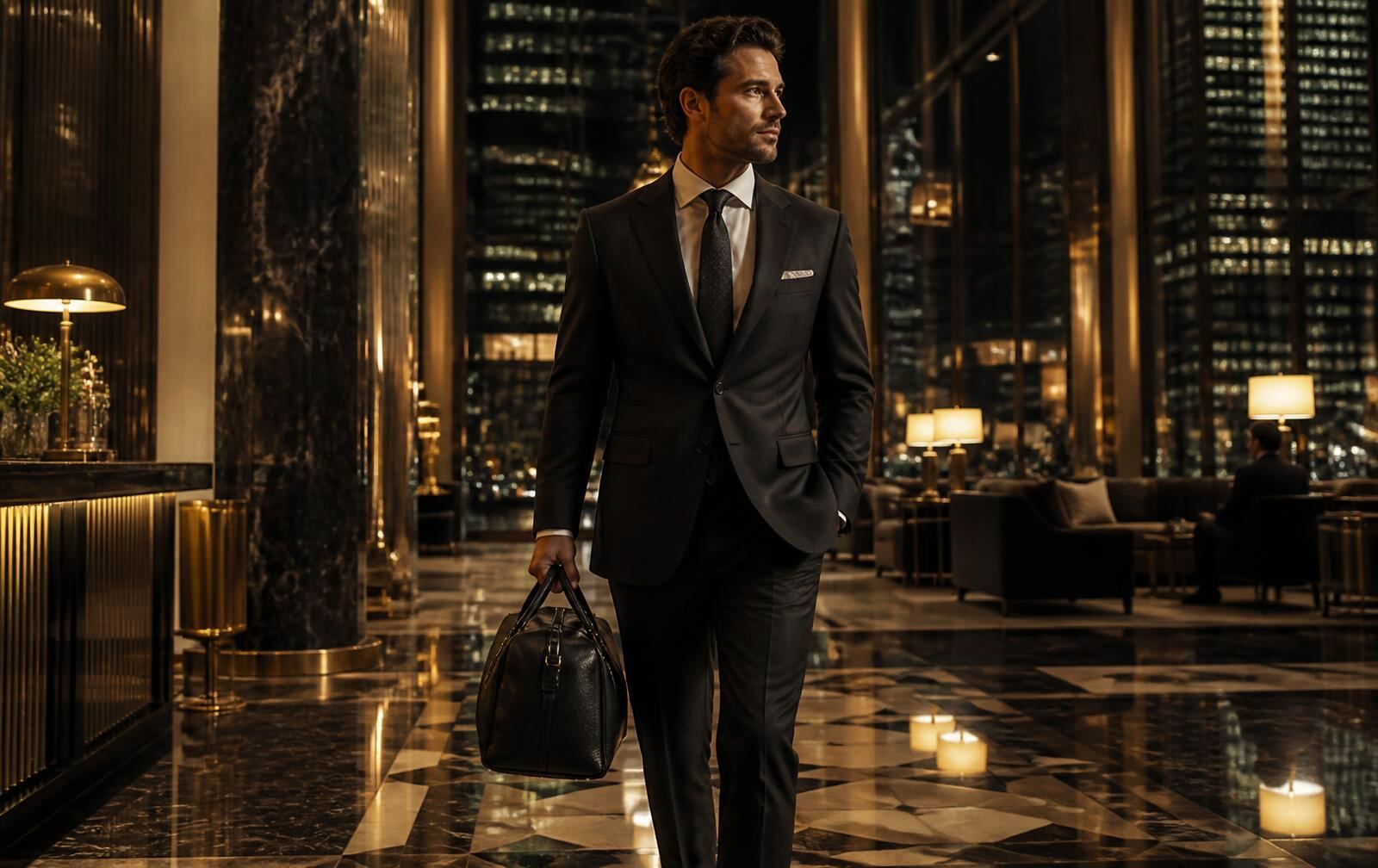 A man in a tailored dark suit crossing a grand marble hotel lobby at night with city lights beyond