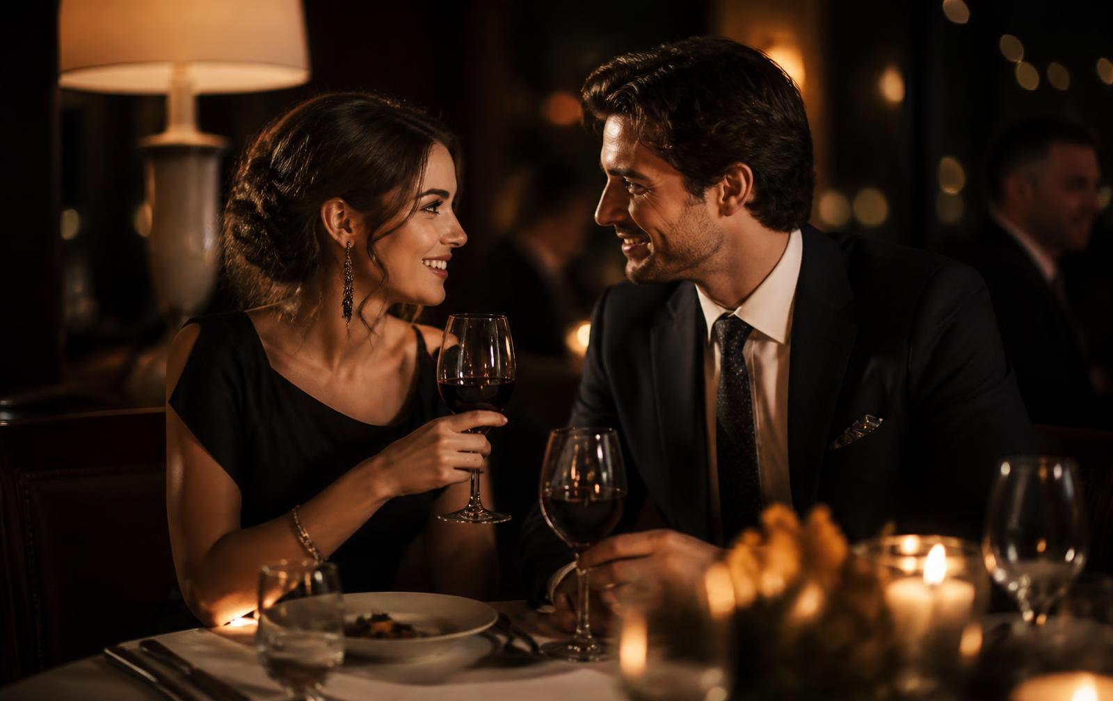 An elegantly dressed couple sharing wine and conversation by candlelight at a restaurant table