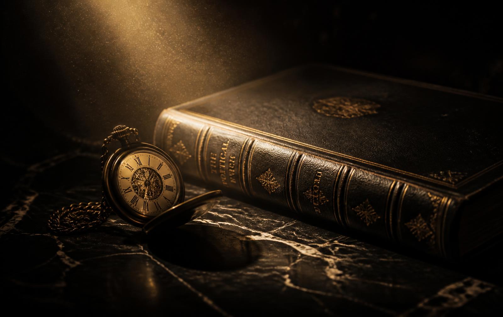 An antique pocket watch resting beside a leather-bound book on dark marble