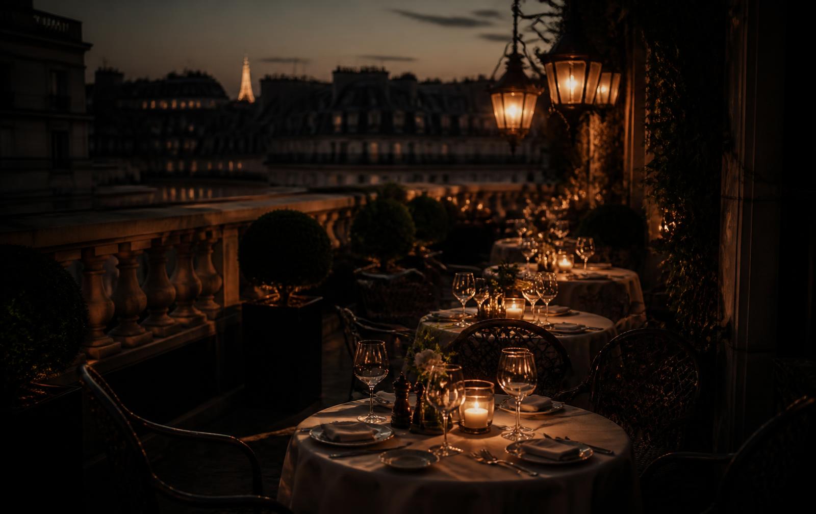 A candlelit French terrace at dusk with warm lantern light above distant city rooftops
