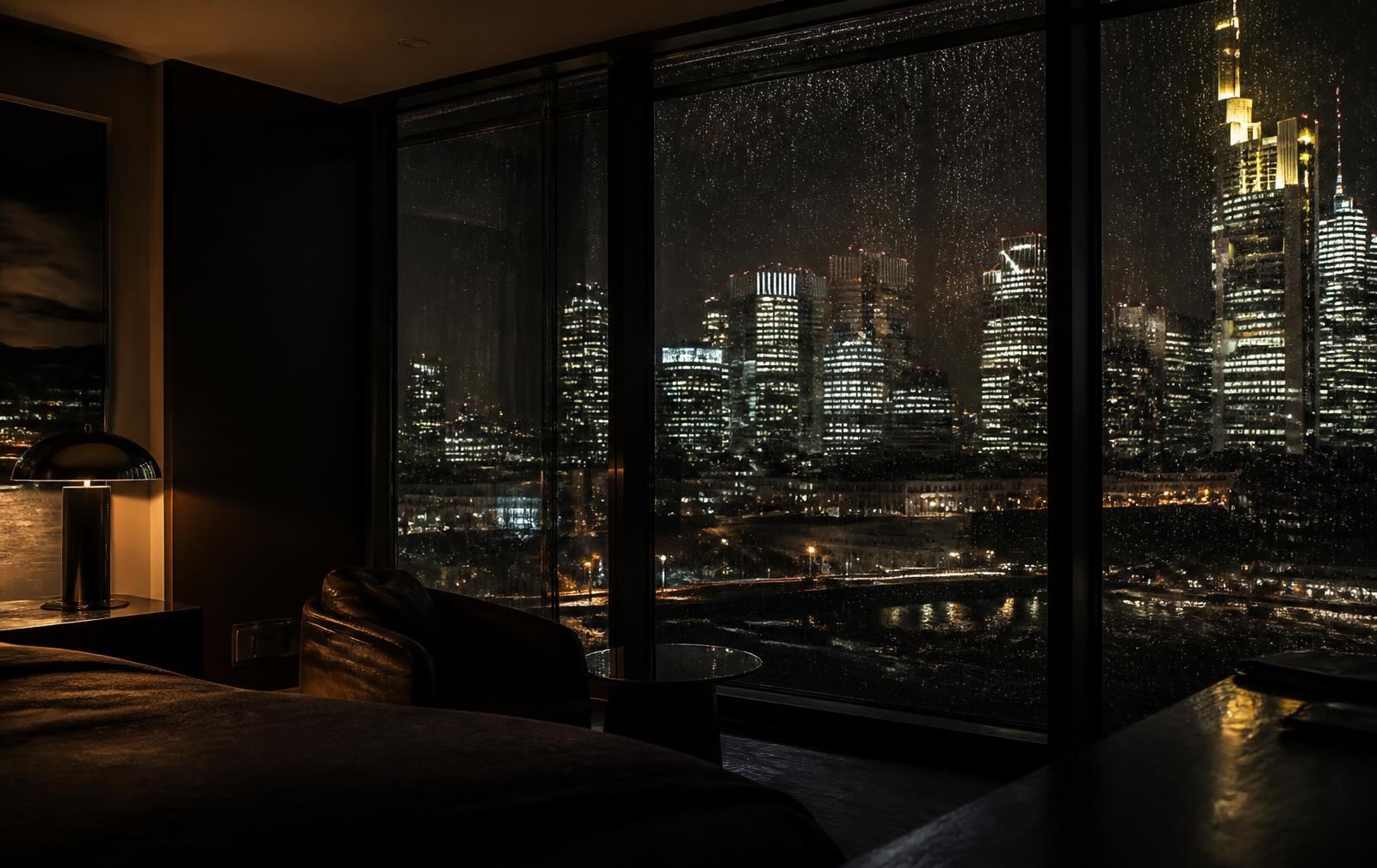 The Frankfurt skyline at night seen through a rain-streaked window from a dark hotel room with a single low lamp