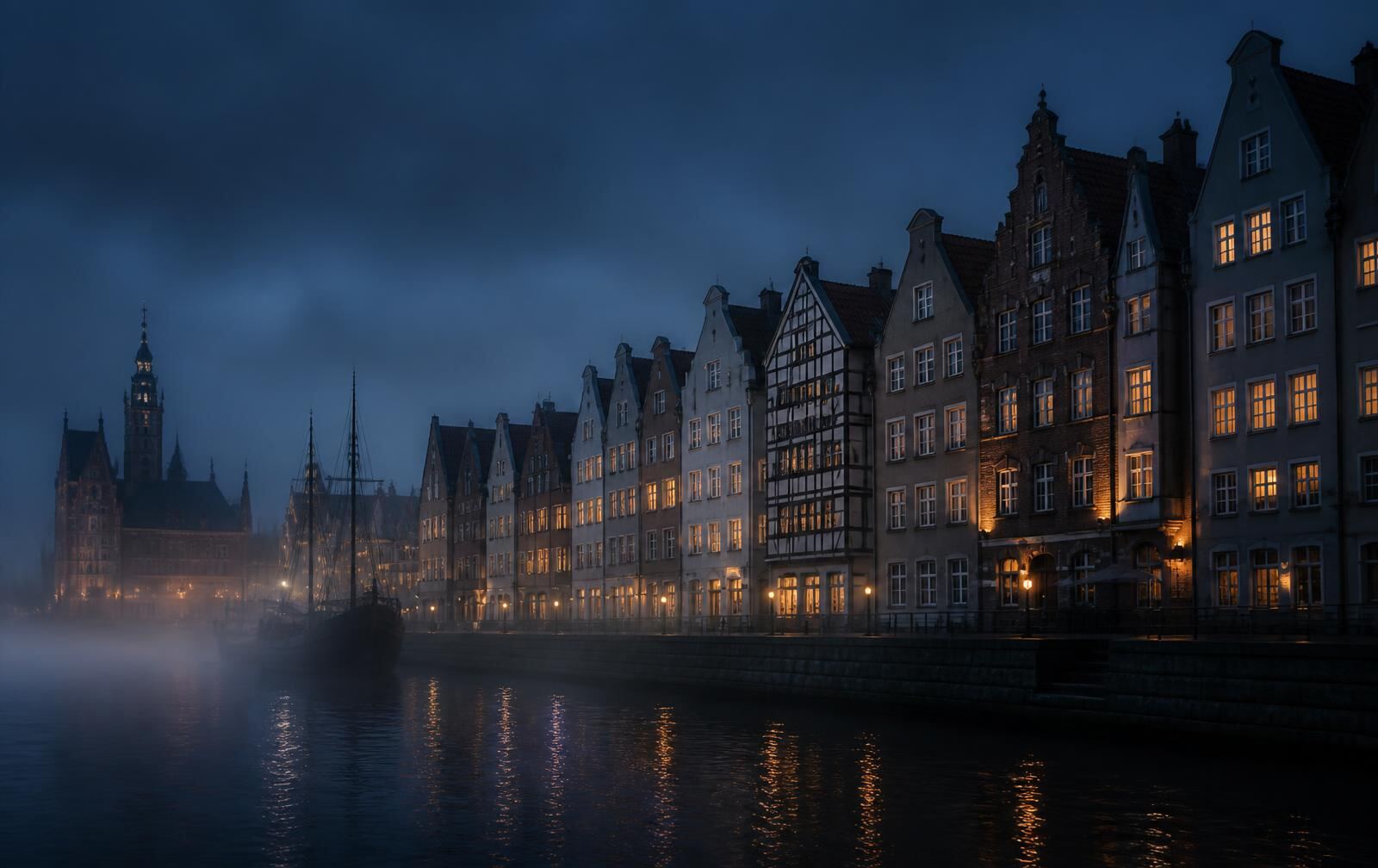 Gdańsk waterfront at night, tall brick merchant houses and gabled facades reflected in the dark canal, warm lamplight on wet stone