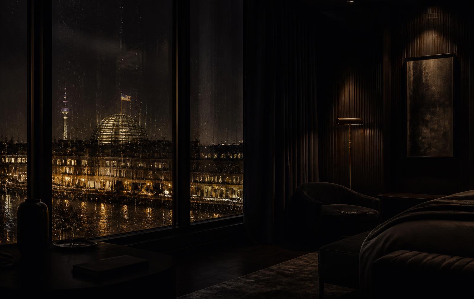 A German city at night through rain on glass, lit facades and gold reflections on a dark empty street