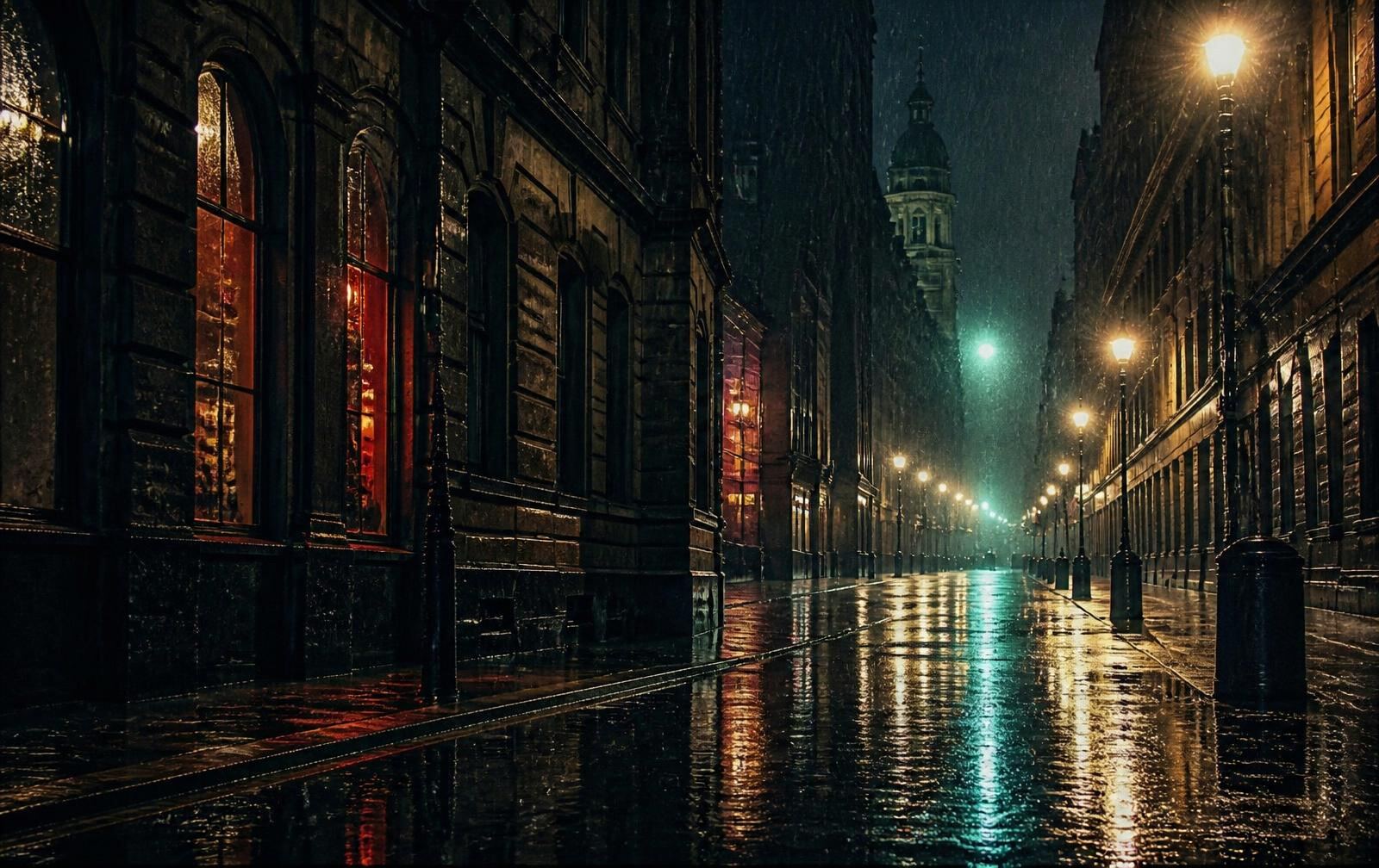 Victorian sandstone Glasgow street in heavy night rain with coloured light reflected on wet tarmac