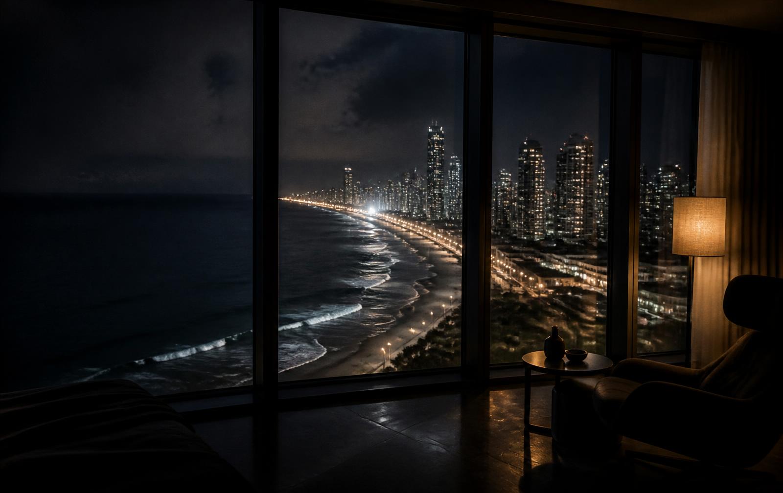A lit coastal high-rise skyline and dark surf seen at night from an unlit modern apartment interior