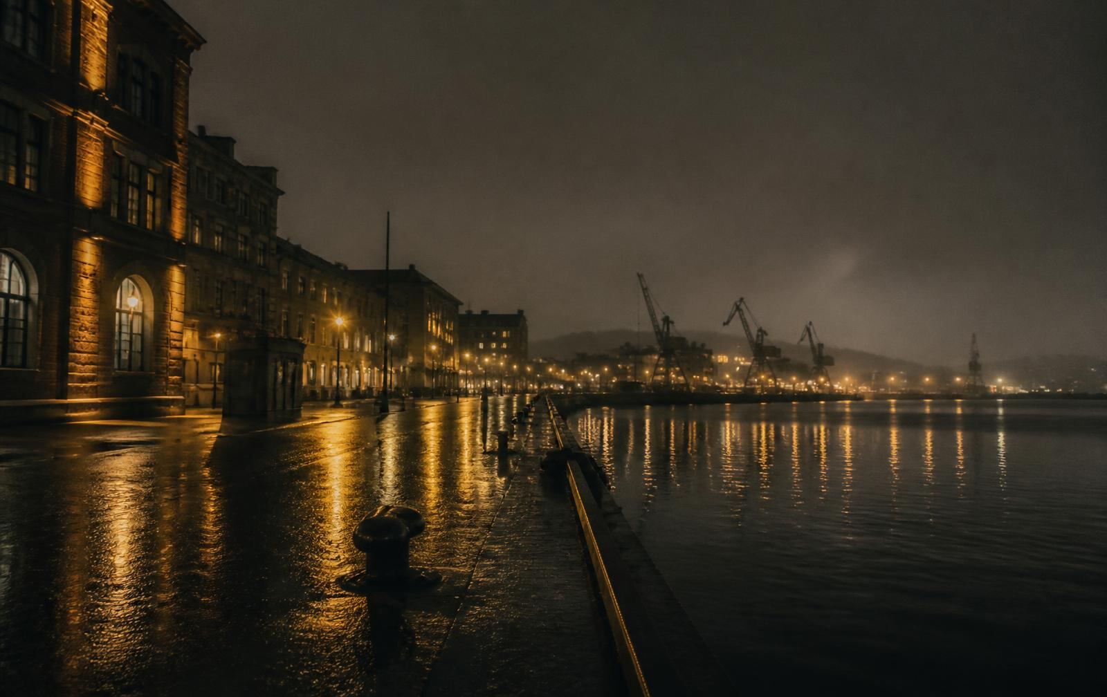 A rain-wet Gothenburg harbour street at night, warm gold streetlights reflected in dark water with distant harbour cranes in fog