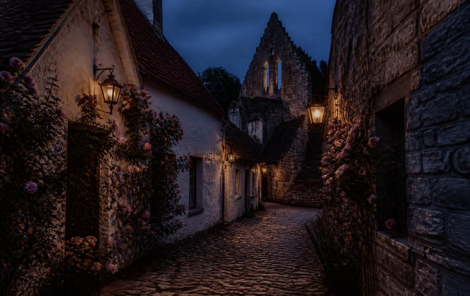 A medieval Baltic island town at summer dusk, a cobbled lane between limestone cottages with climbing roses and a ruined church gable beyond