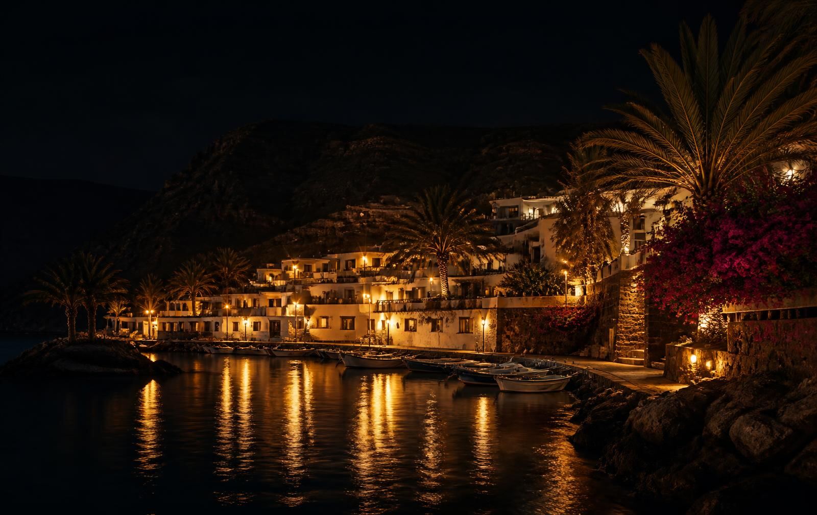 A small Gran Canaria harbour at night with warm gold lights reflected in dark water beneath volcanic hills