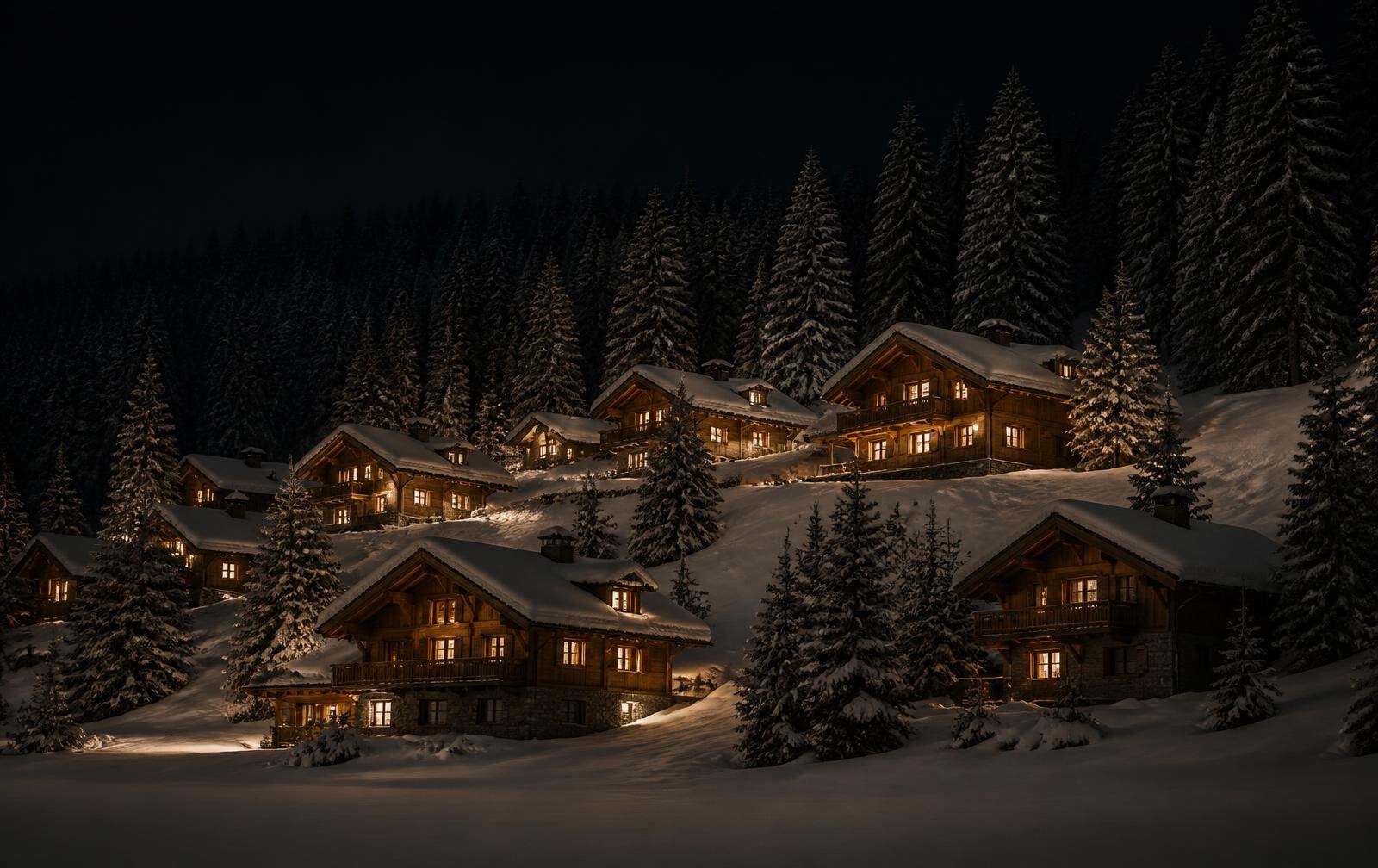 Wooden alpine chalets in deep snow at night with warm gold window light and dark pine forest