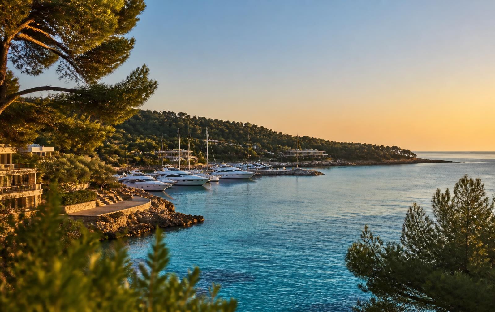 A pine-fringed Halkidiki coast and discreet marina in warm evening light