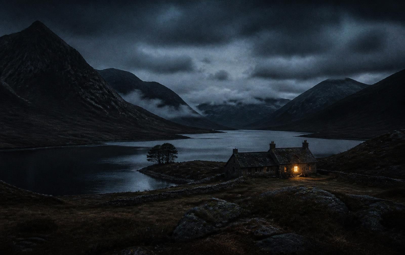 Dark Highland glen at night with mountains, a still loch and a remote stone lodge showing one warm window