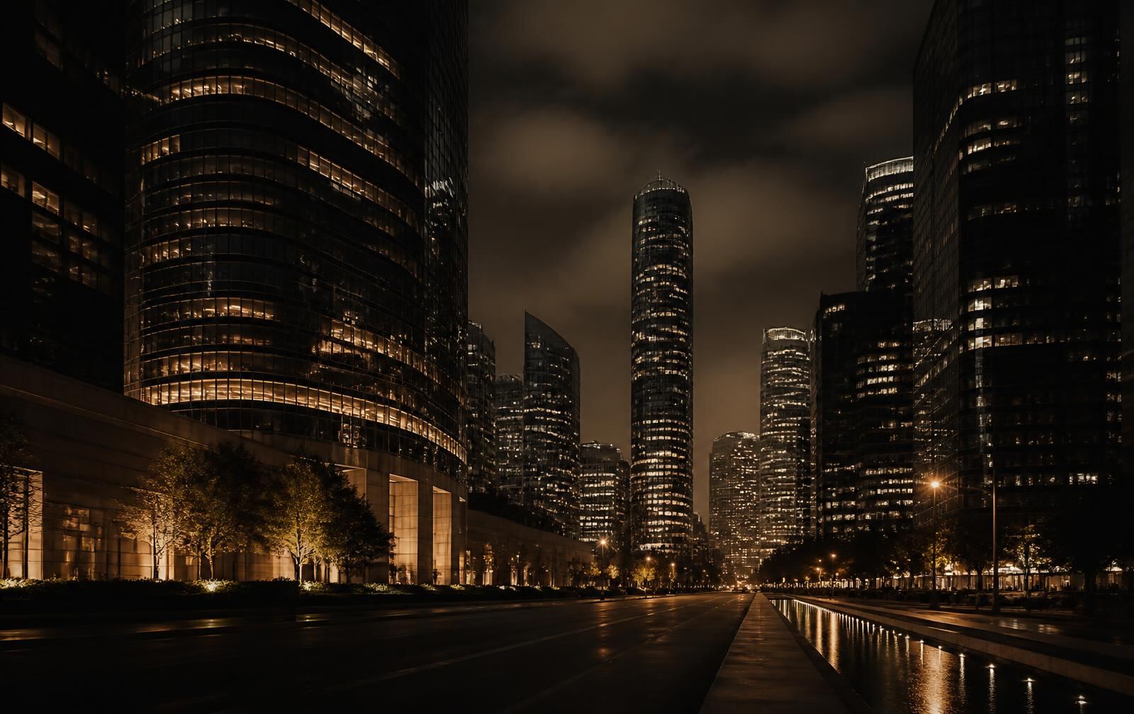 A dim, modern Houston high-rise interior at night overlooking a vast, glittering skyline