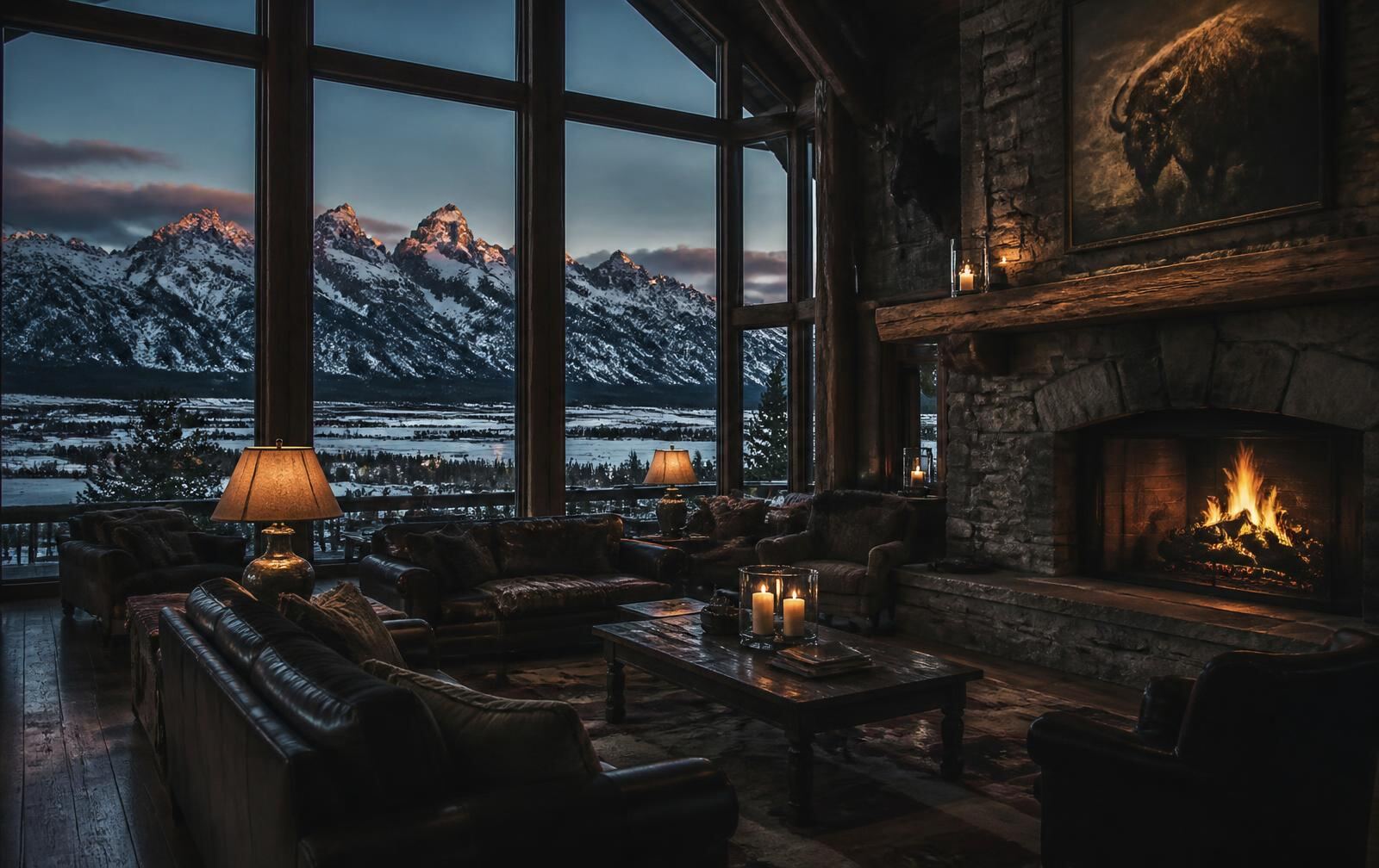 Timber and stone lodge interior at dusk with firelight and tall windows facing the snow-covered Teton range