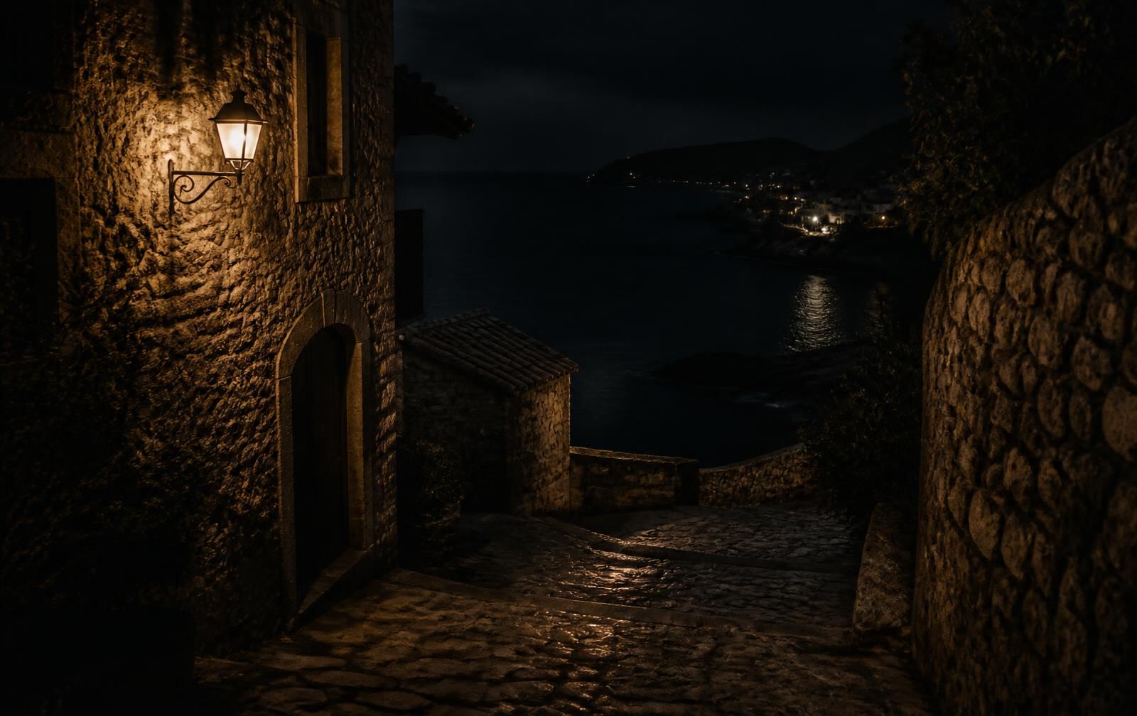 A narrow warm stone lane in a small Mediterranean coastal town at night leading down towards dark water