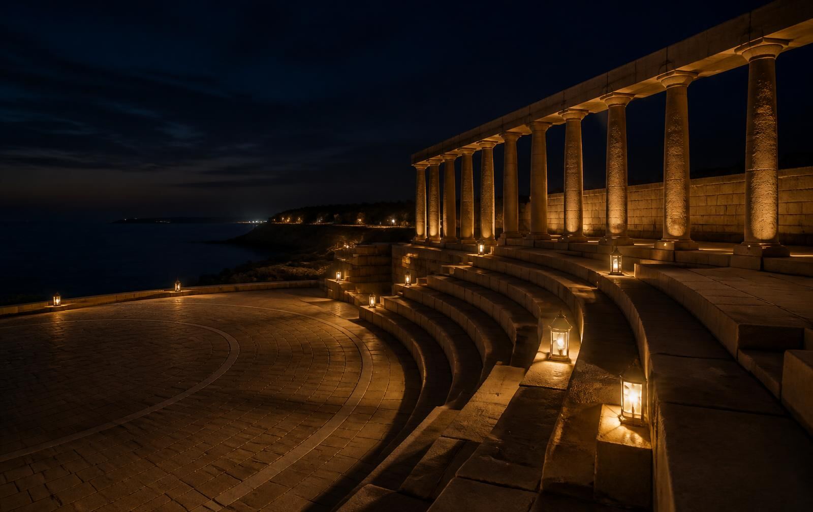 A quiet stone amphitheatre and colonnade beside a dark sea at night, lit by low warm lanterns, entirely empty