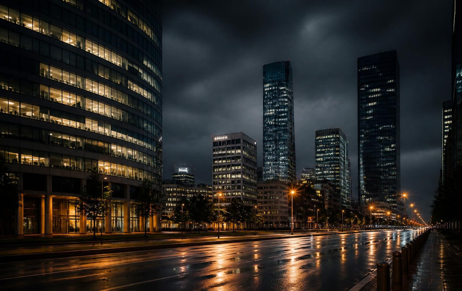 Katowice at night, modern glass and concrete office towers above a wide rain-slicked boulevard, warm window light reflected on wet asphalt