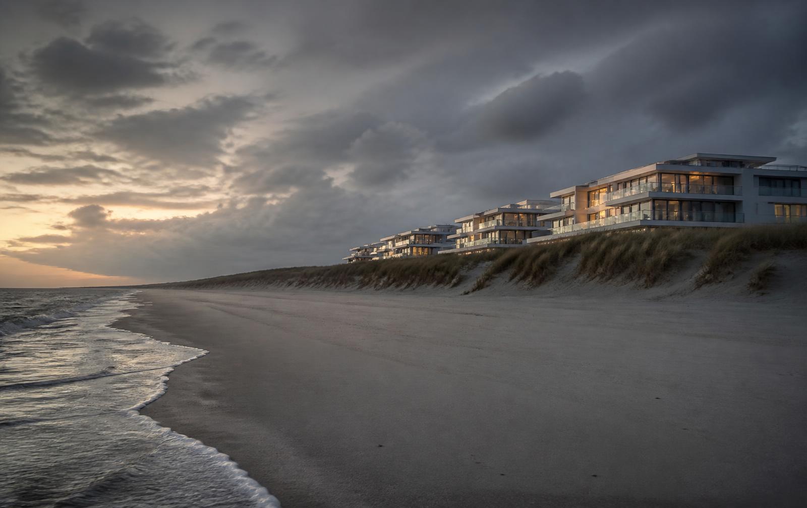 Wide North Sea beach at dusk with low dunes and elegant modern apartment terraces with lit windows set behind the dune line