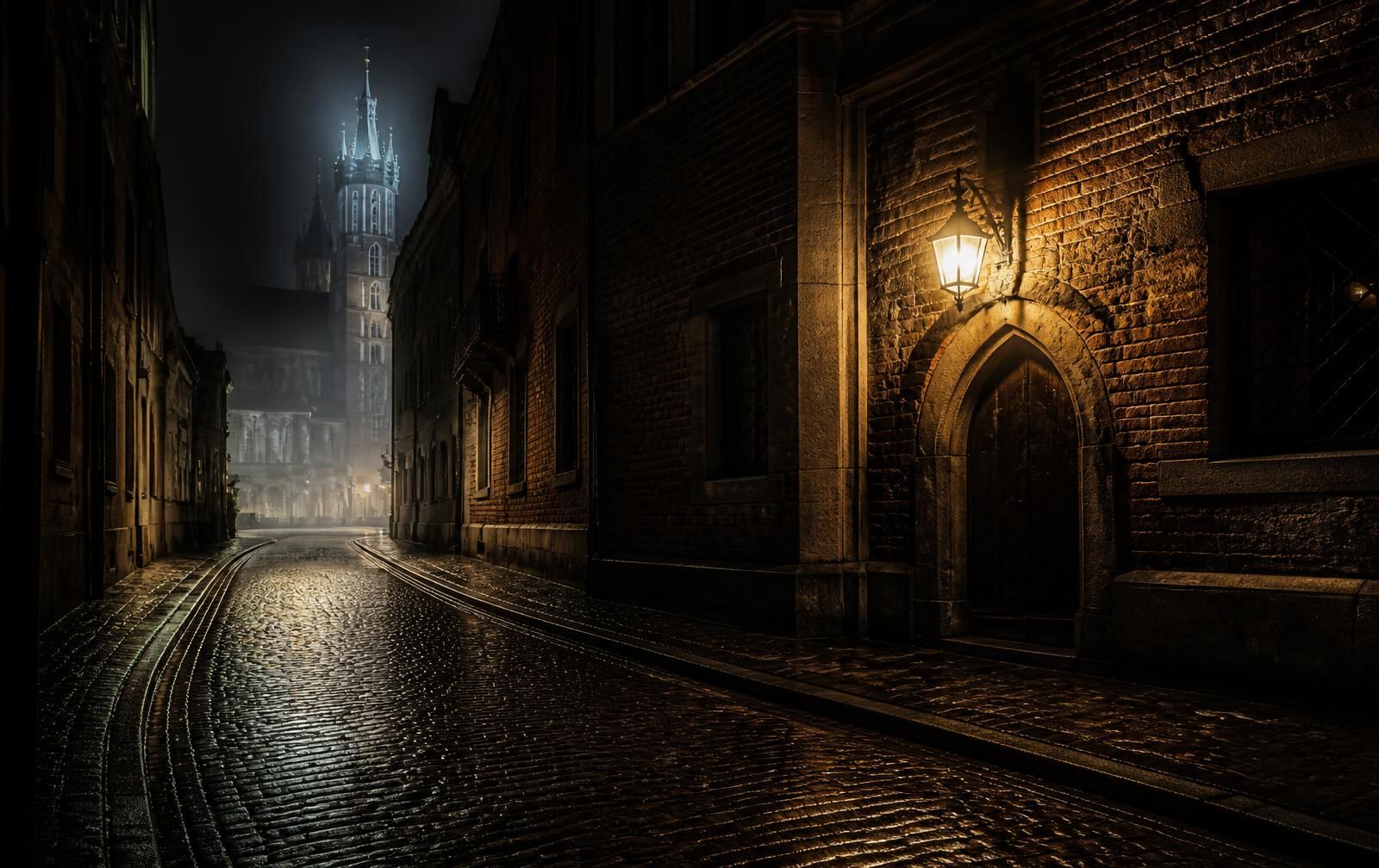 Kraków old town lane at night, medieval brick and stone facades, wet cobblestones reflecting a single lamp, a gothic tower pale in the mist beyond