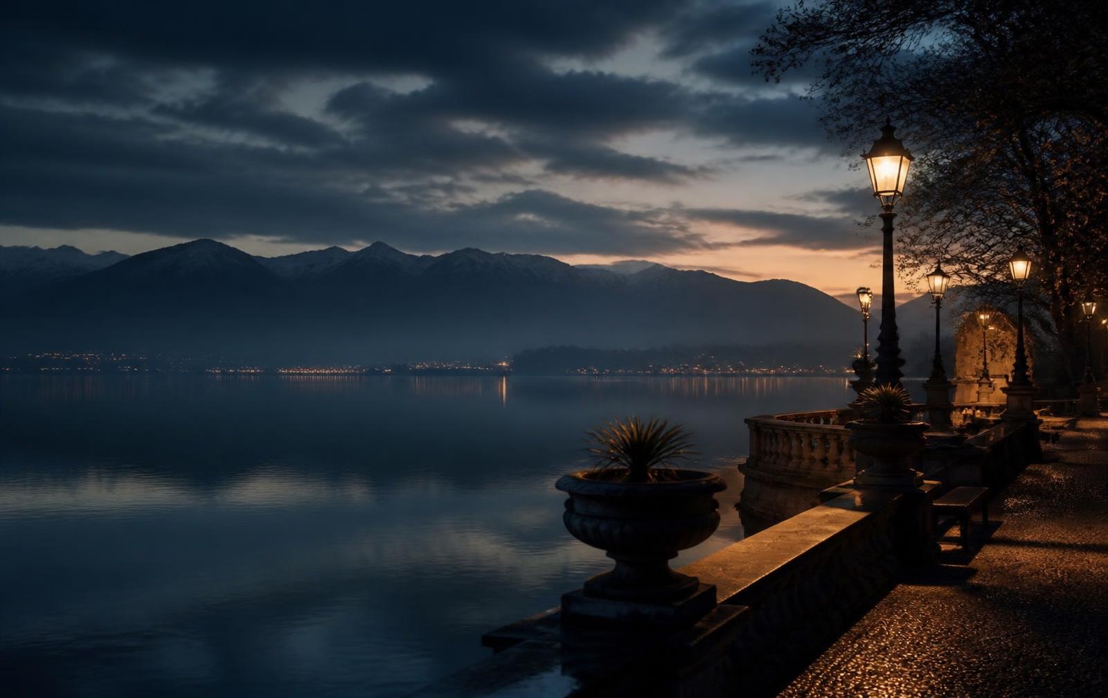 Still lake water at dusk with distant alpine ridges and a single warm lit lakeside window