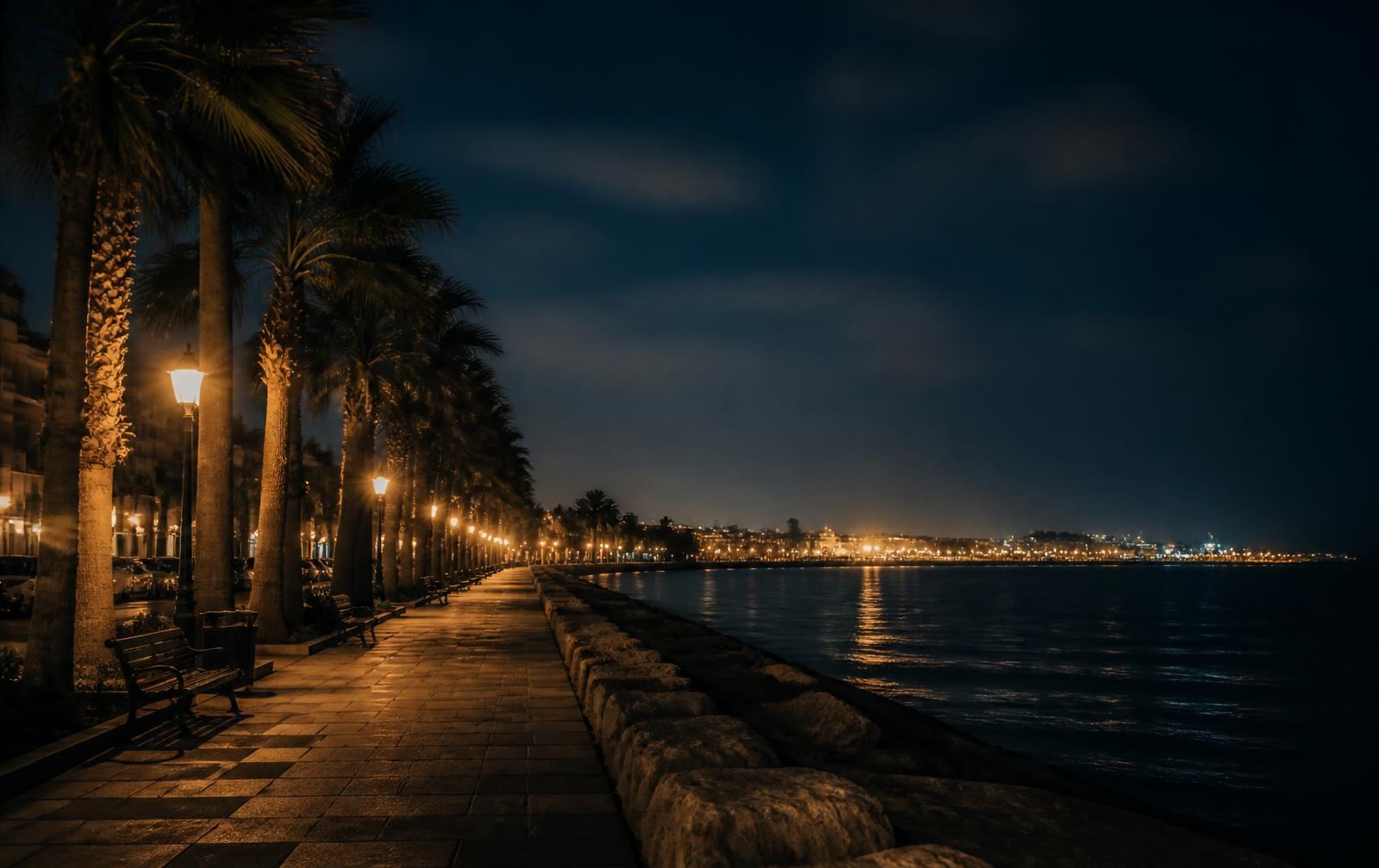 Palm-lined Larnaca seafront promenade at night with warm lamplight and dark calm water