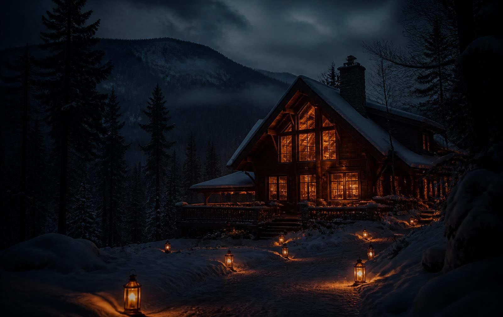 Timber chalet in the Laurentians at night with firelight behind tall windows and deep snow outside