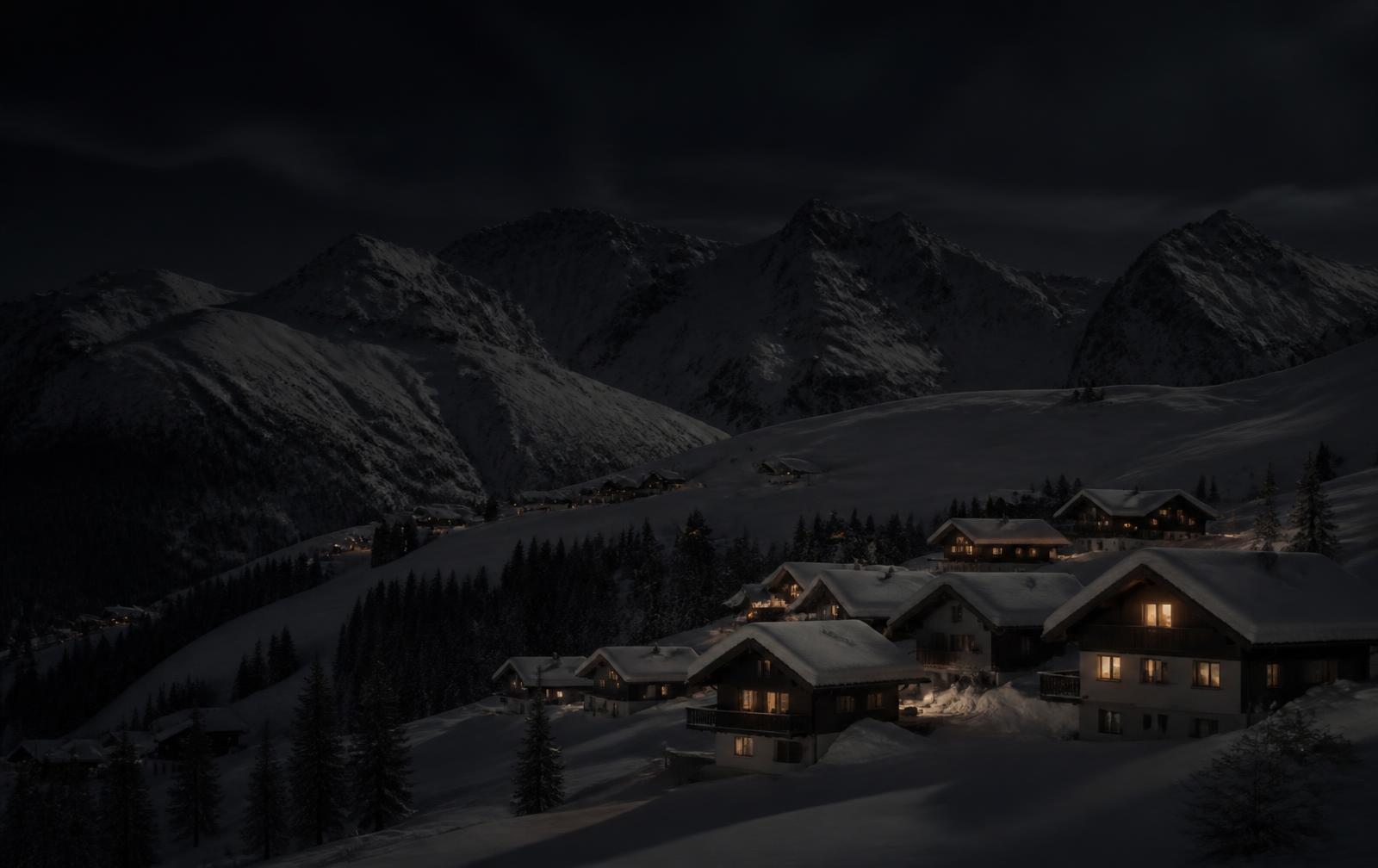 A quiet Arlberg mountain village under deep snow at night with a few warm gold windows beneath dark peaks