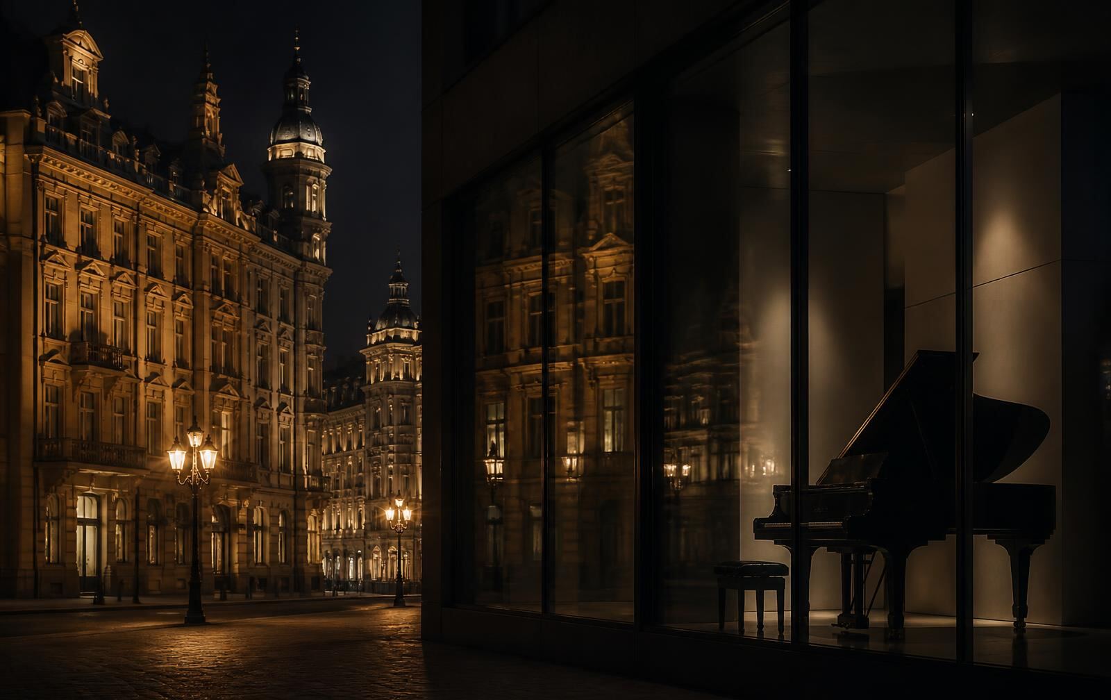 Leipzig at night with lit nineteenth-century facades and a dark modern interior reflected in glass
