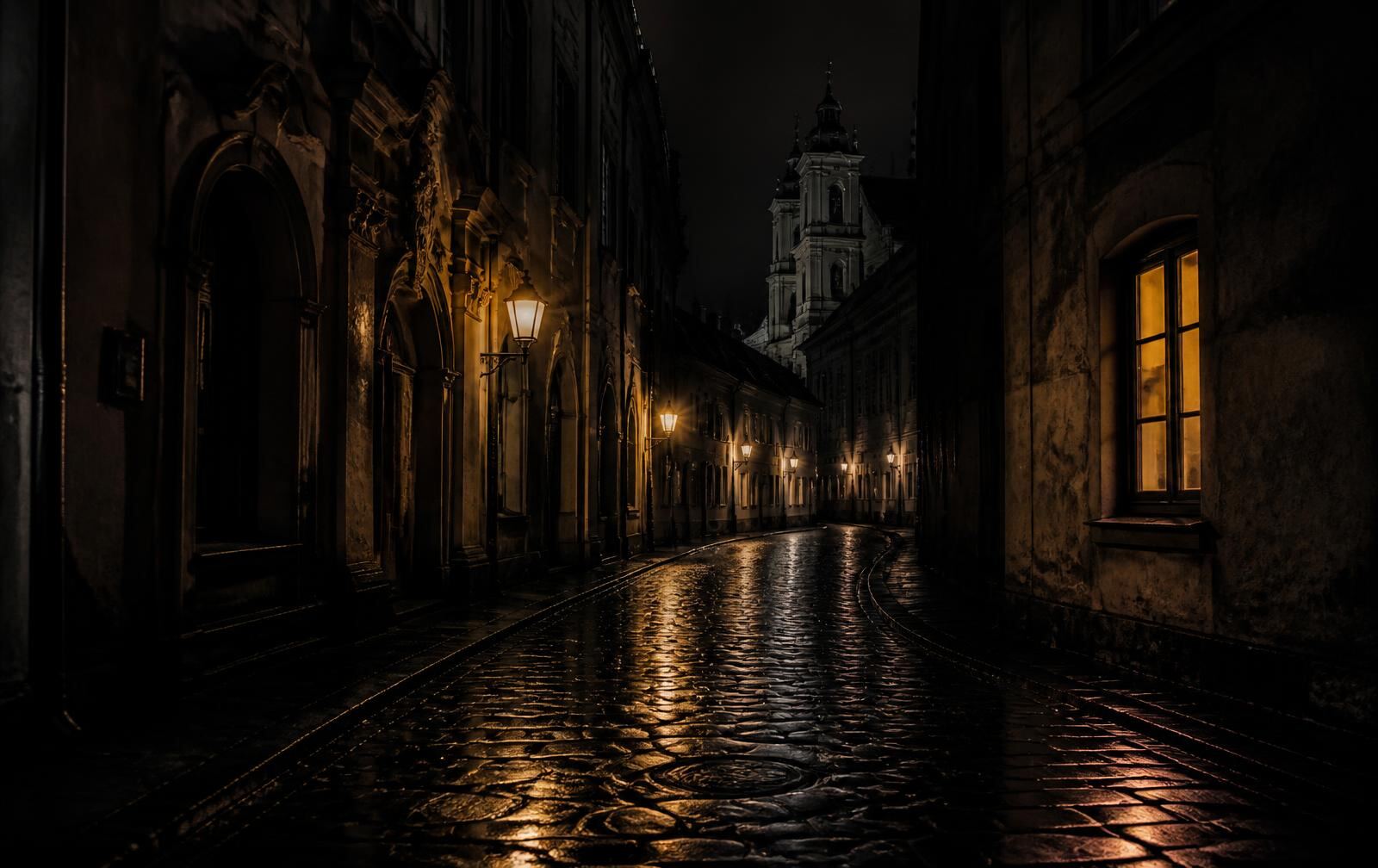 Rain-wet cobbled street in a Lithuanian old town at night, baroque facades in shadow, warm lamplight and one lit window, a church tower pale in the distance