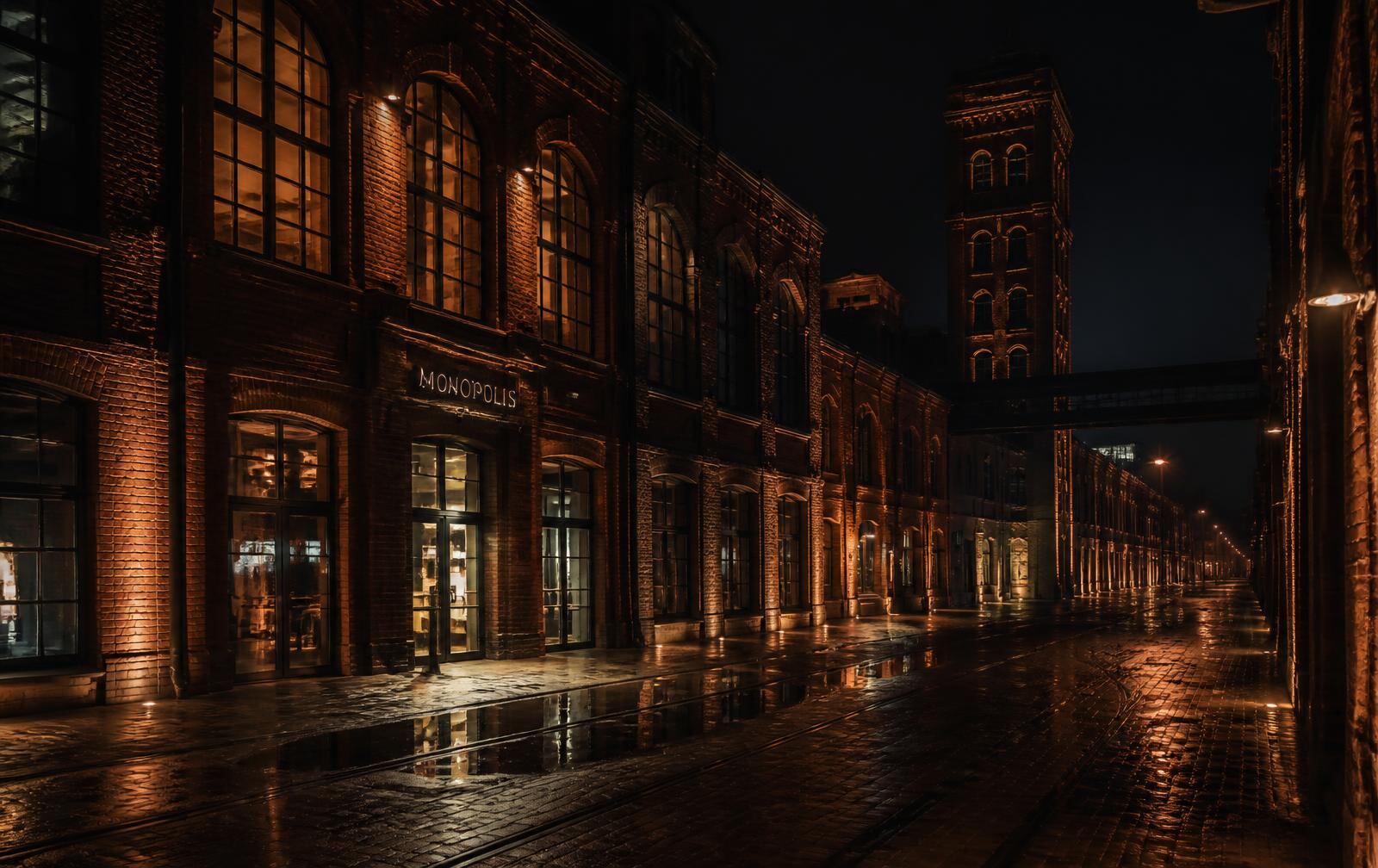 Łódź at night, red brick nineteenth-century mill buildings with tall arched windows lit from within, wet street and industrial chimney beyond