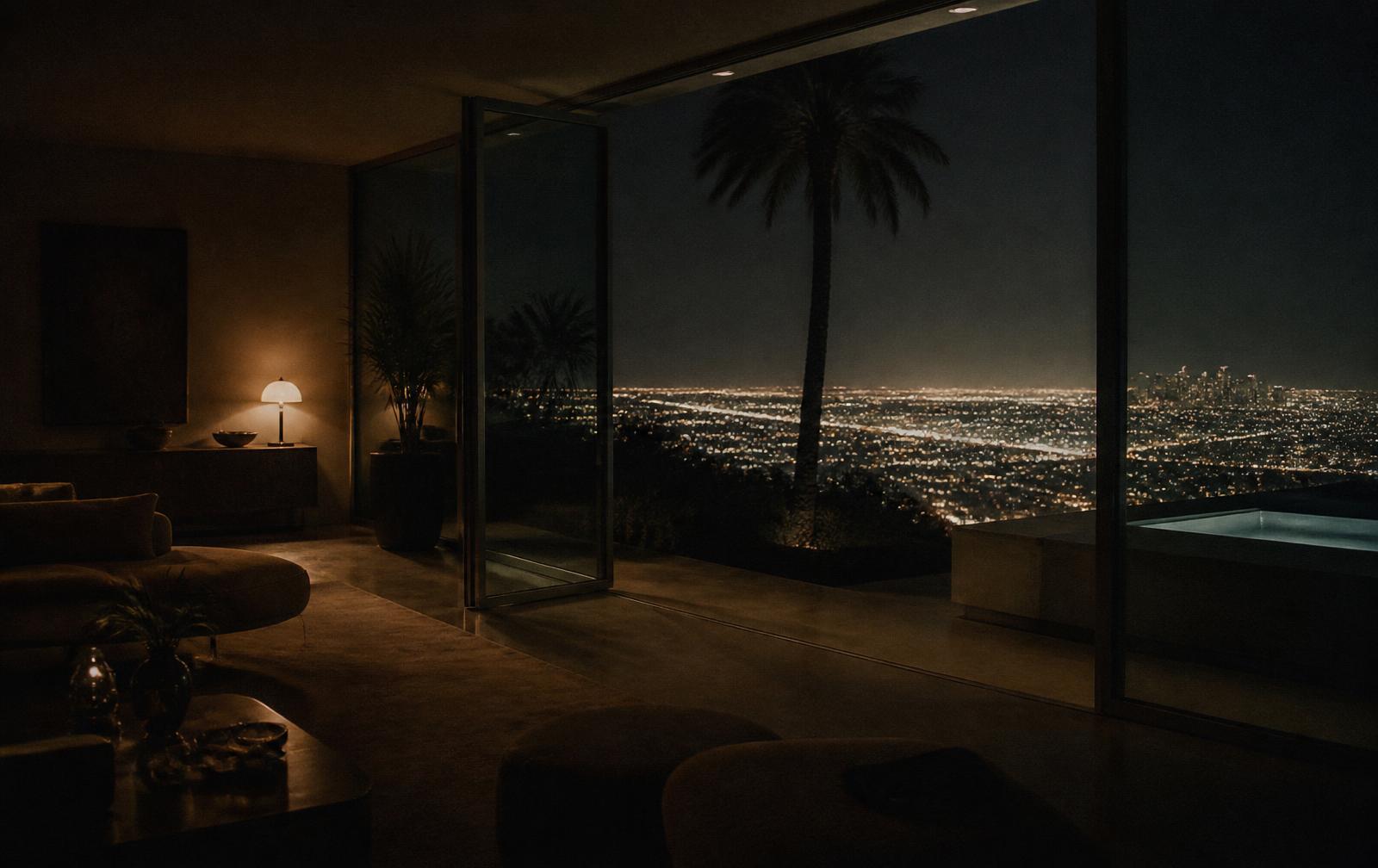 Dimly lit modern Los Angeles hotel room at night with city lights visible through floor-to-ceiling glass