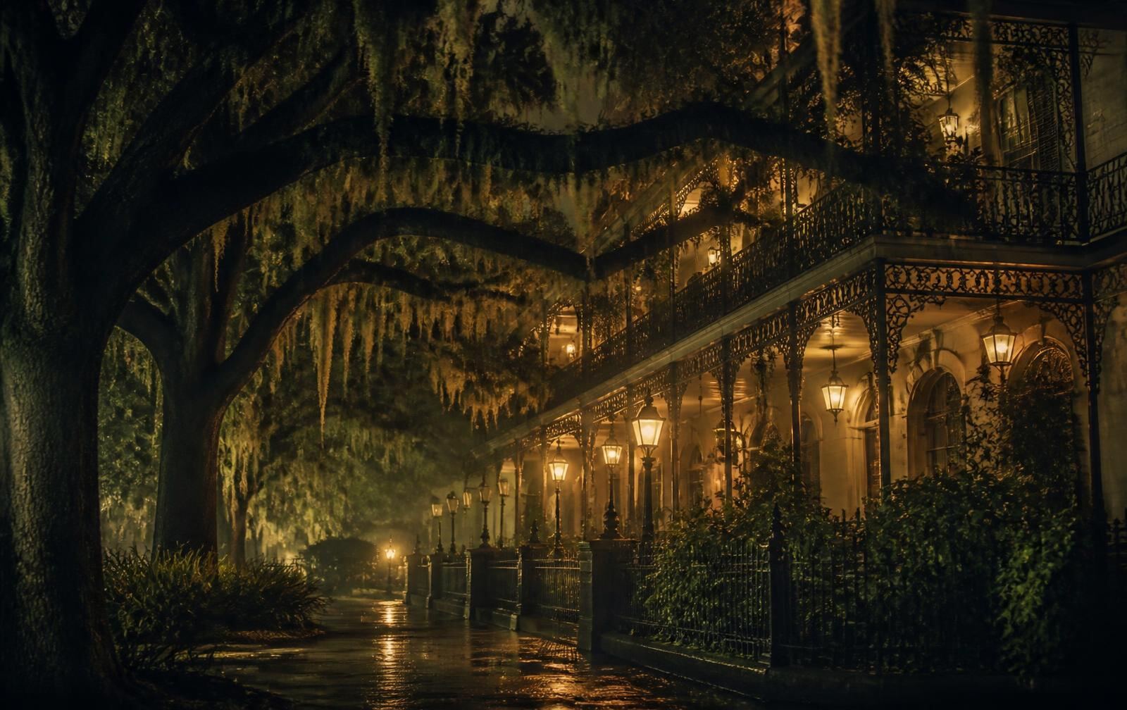Wrought-iron balcony in the French Quarter lit low against a humid evening sky