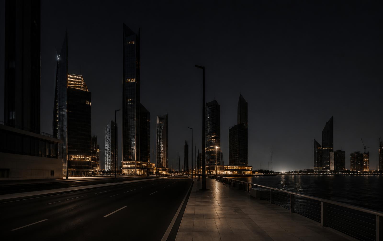 A wide empty waterfront boulevard at night in a very new city, dark high-rise silhouettes with a few warm lit floors beside black harbour water