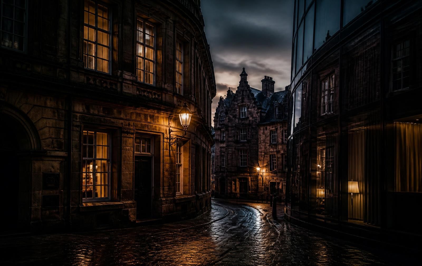 A historic stone street in Luxembourg City at dusk with warm lit windows beside a modern glass facade on wet cobbles